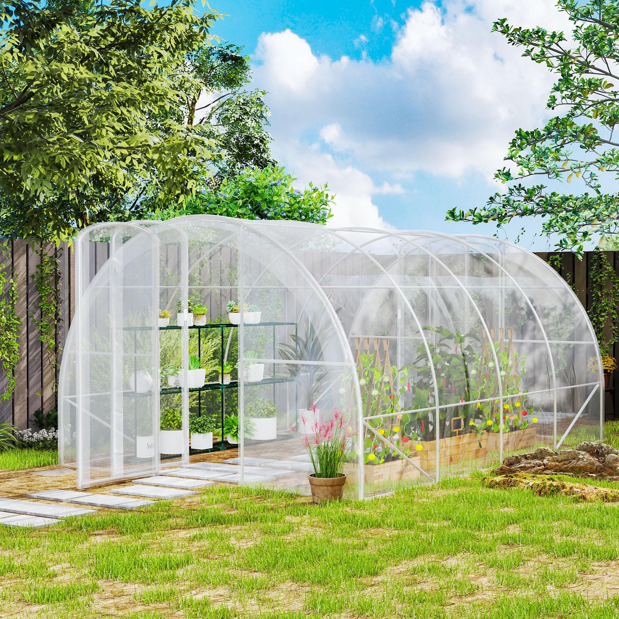Voir la diapositive 2 : OUTSUNNY Serre tunnel 12 m² - 4 x 3 x 2 m - 2 portes - acier galvanisé PE haute densité transparent