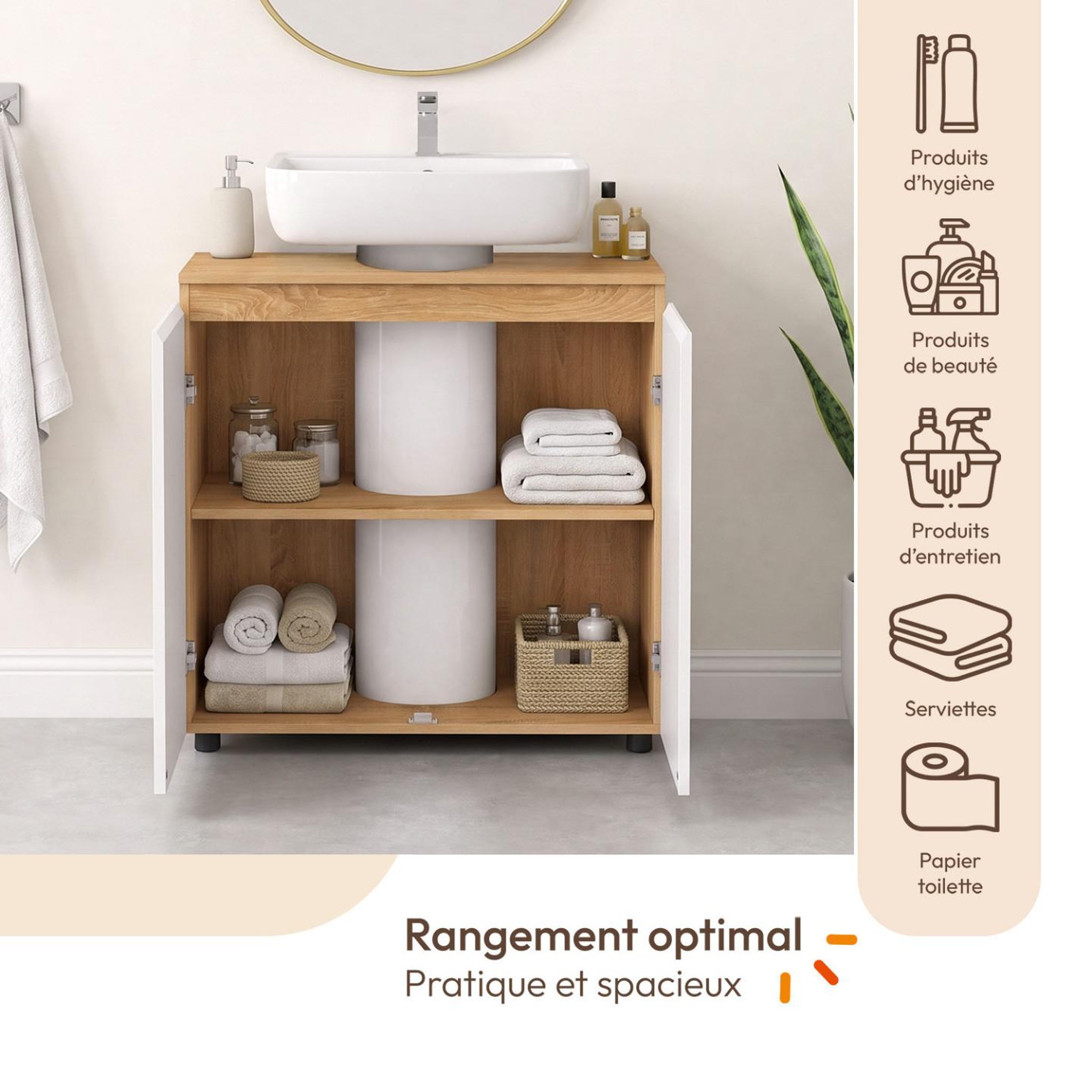 Voir la diapositive 4 : ID MARKET Meuble sous lavabo salle de bain tomi façon hêtre et blanc