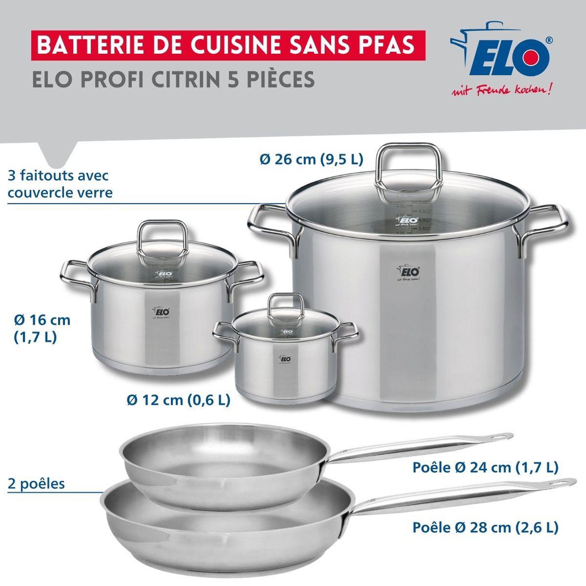 Voir la diapositive 2 : ELO Ensemble de 2 poêles de cuisson 24 et 28 cm et 3 faitouts 12, 16 et 26 cm elo profi citrin