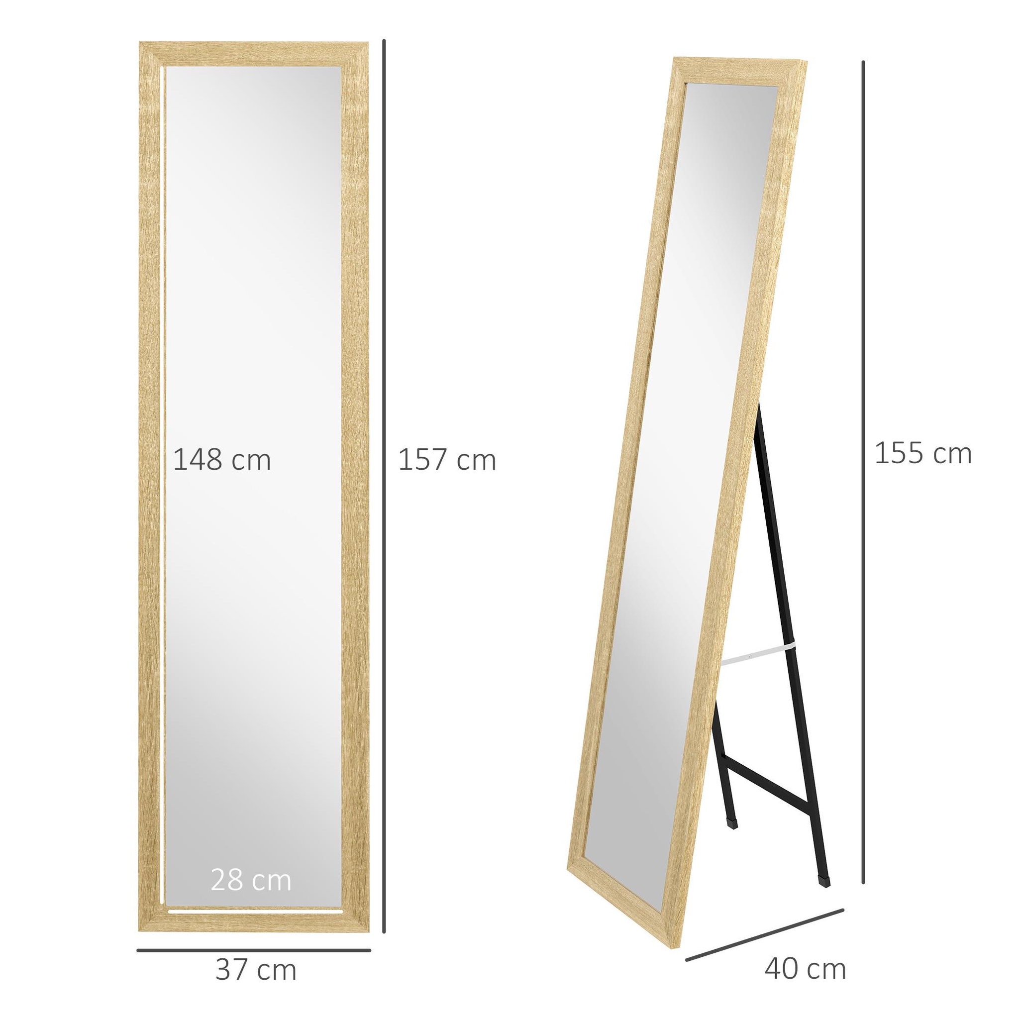 Voir la diapositive 3 : HOMCOM Miroir sur pied et mural rectangulaire dim. 37L x 40l x 157H cm piètement métal noir aspect chêne clair