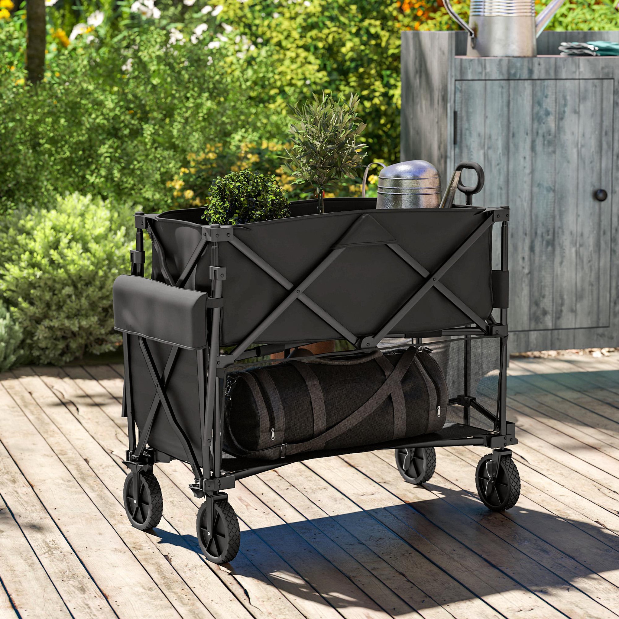 Voir la diapositive 2 : OUTSUNNY Chariot de jardin pliable multi-rangement max. 200 kg - poignée teslescopique - roues tout terrain noir