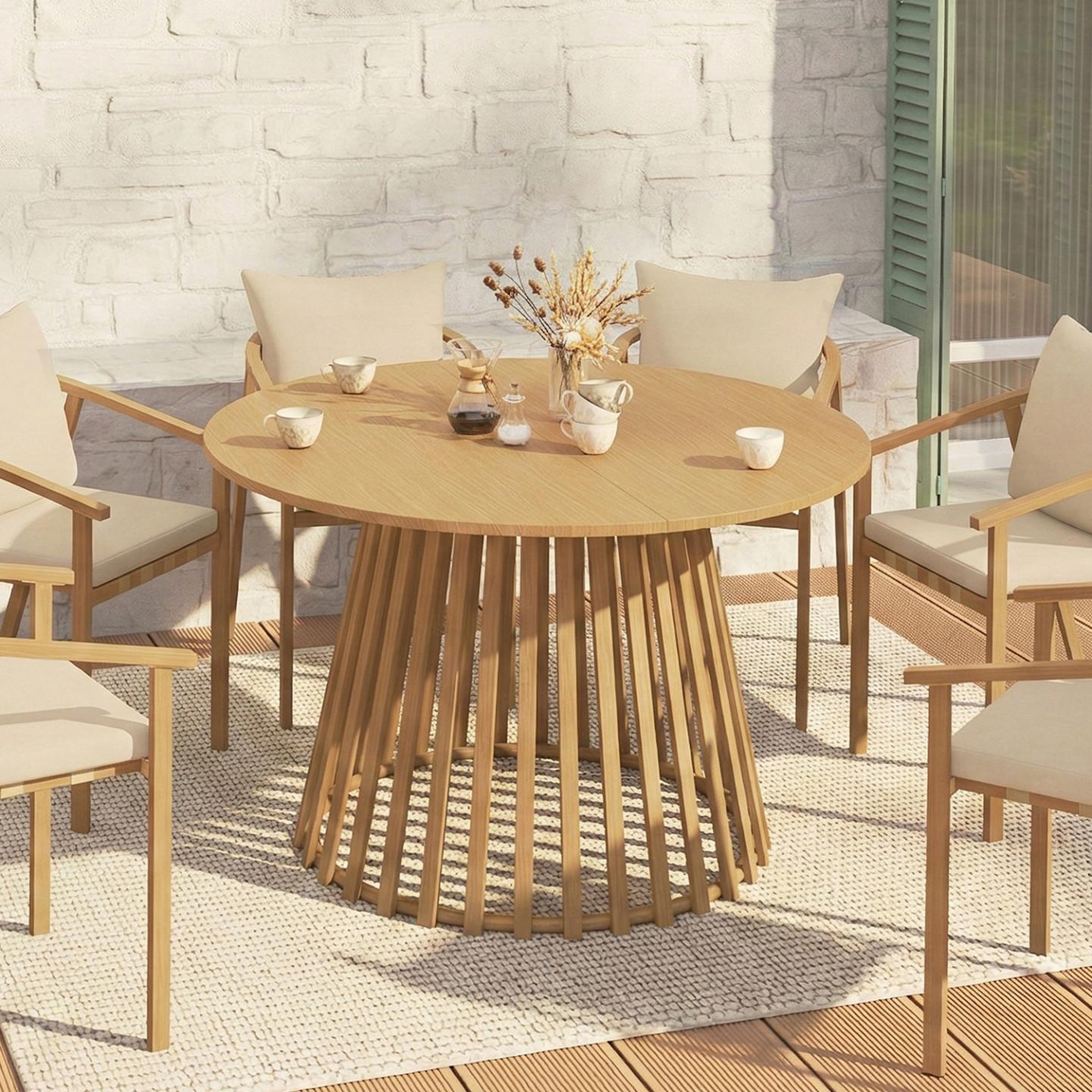 Voir la diapositive 2 : ID MARKET Table de jardin ronde solal 120 cm 6 personnes avec pied lattes en métal effet bois