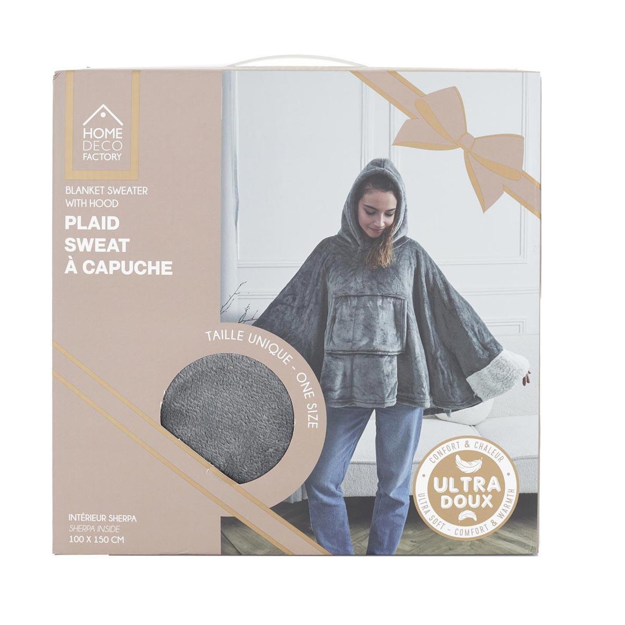 Voir la diapositive 2 : The Home Deco Factory Plaid poncho à capuche  sherpa  100x150cm gris foncé