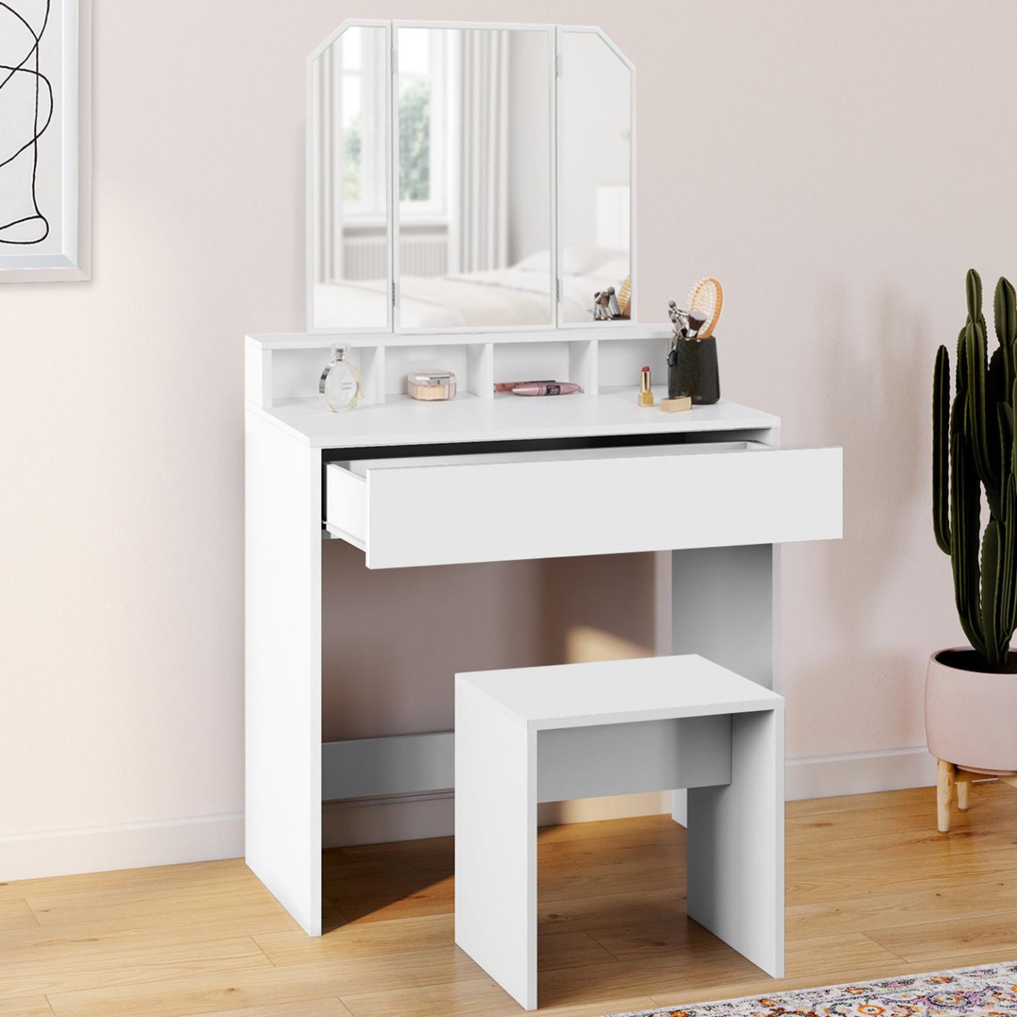 Voir la diapositive 2 : ID MARKET Coiffeuse zelia 3 miroirs avec 4 niches, 1 tiroir et tabouret