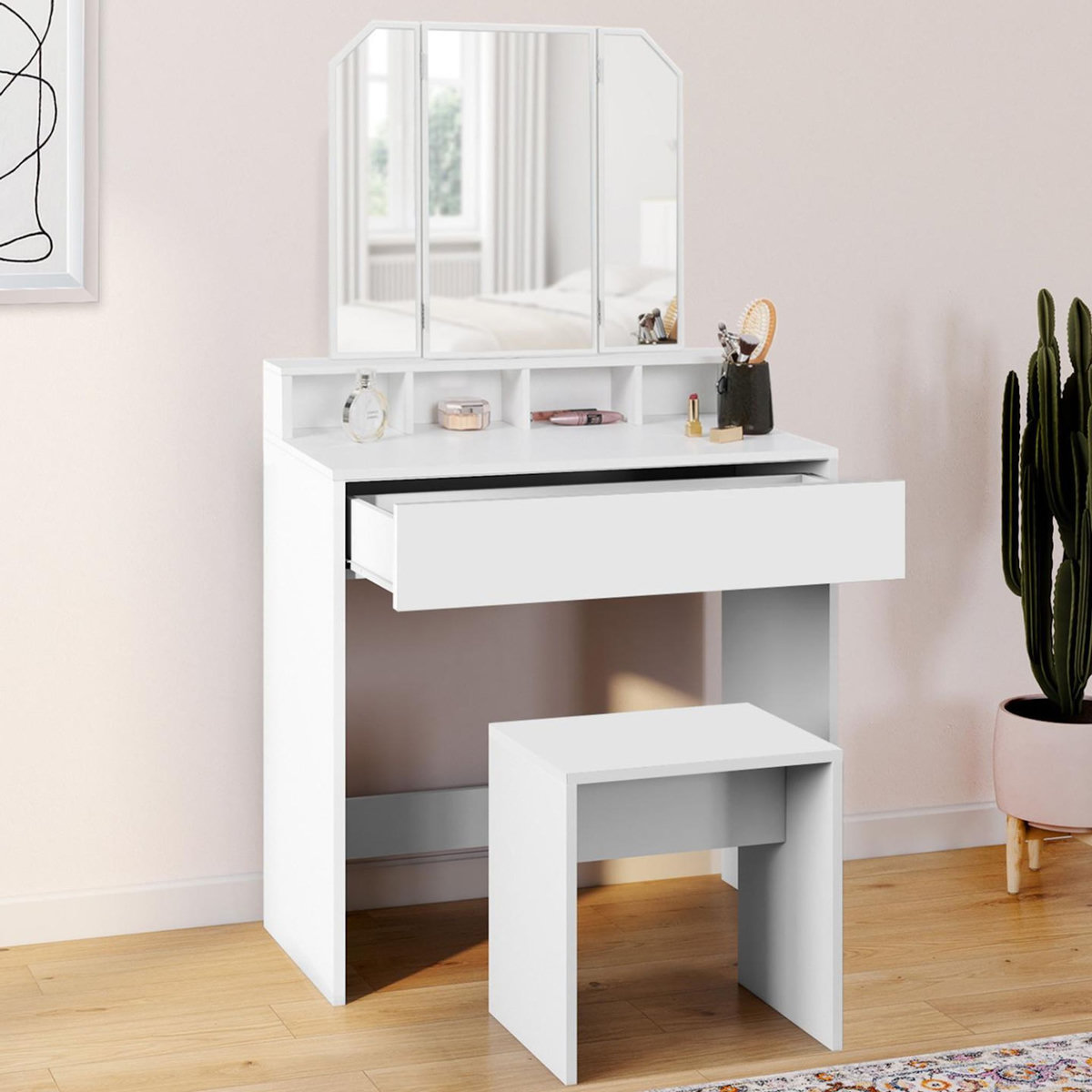 ID MARKET Coiffeuse ZELIA 3 miroirs avec 4 niches, 1 tiroir et tabouret