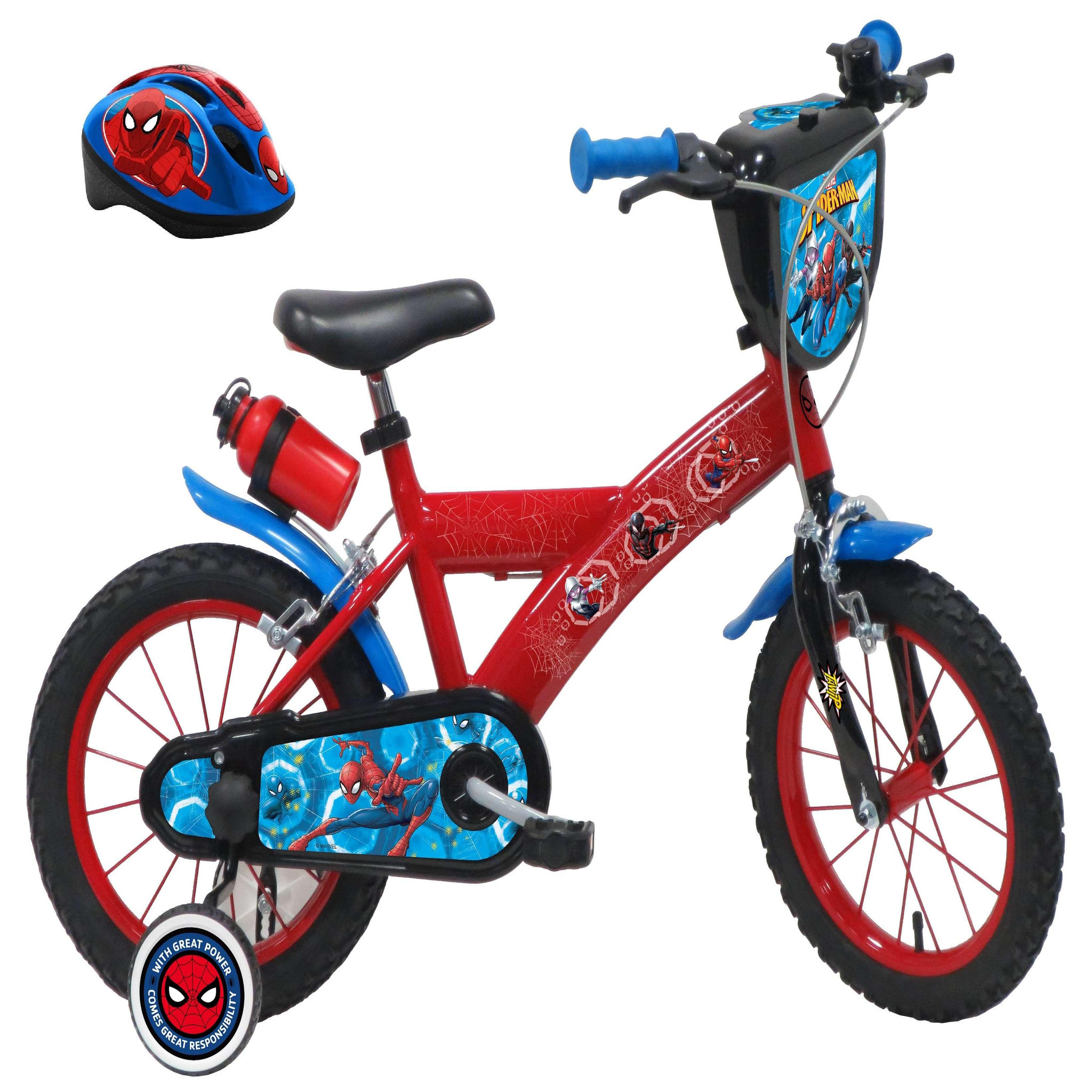 Voir la diapositive 1 : Marvel Vélo enfant - Modèle 14'' Spiderman + Casque pour enfant de 95/110 cm avec stabilisateurs - Plaque décorative avant - Porte bidon - 2 freins