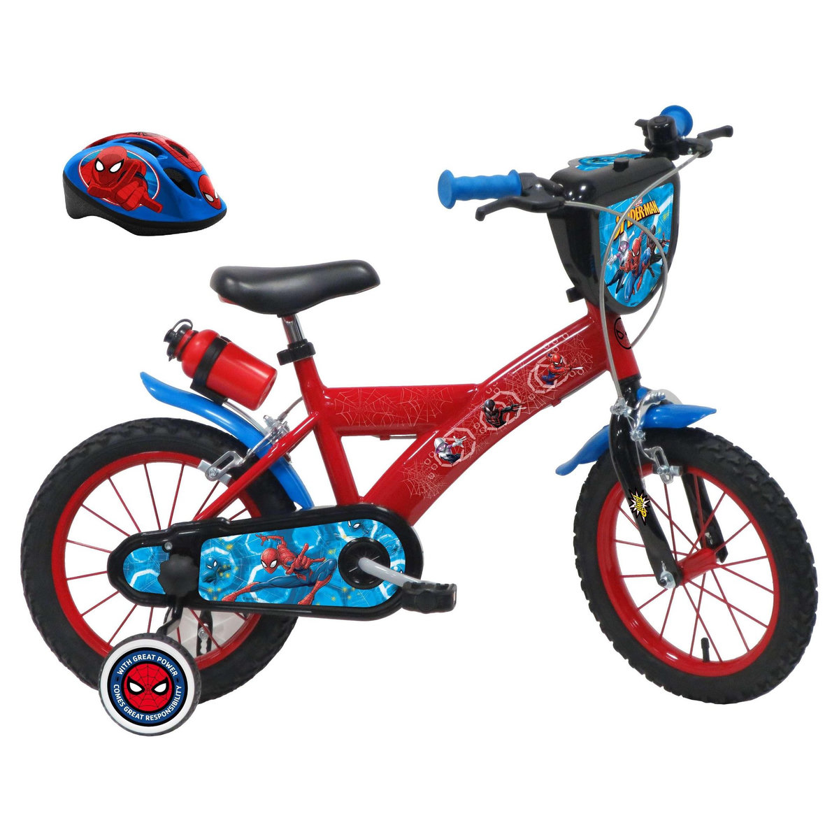 Marvel Vélo enfant - Modèle 14'' Spiderman + Casque pour enfant de 95/110 cm avec stabilisateurs - Plaque décorative avant - Porte bidon - 2 freins