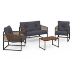 ID MARKET Salon de jardin bas RIO 4 places structure métal gris anthracite, cordage rotin et coussins gris