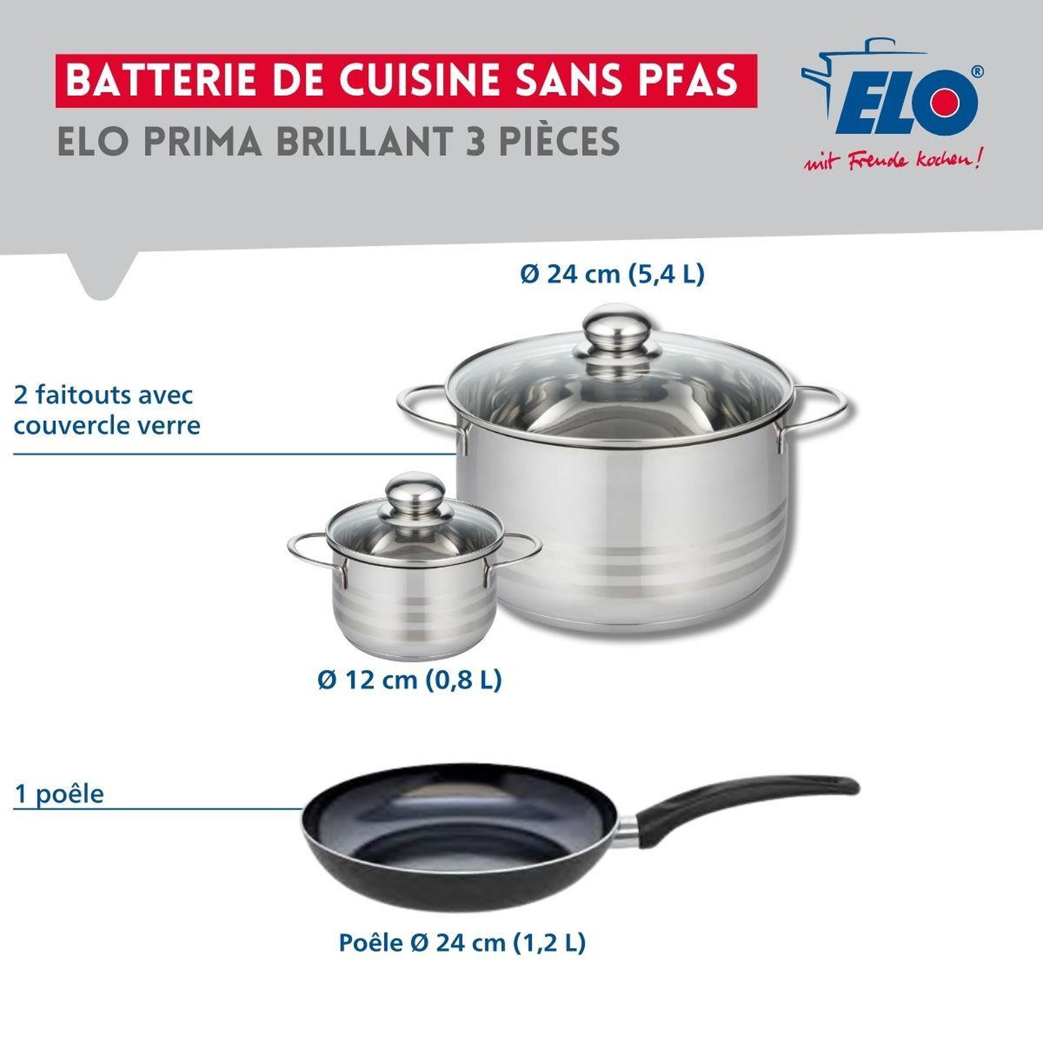 Voir la diapositive 2 : ELO Ensemble de 1 poêle de cuisson 24 cm et 2 faitouts 12 et 24 cm elo prima brillant