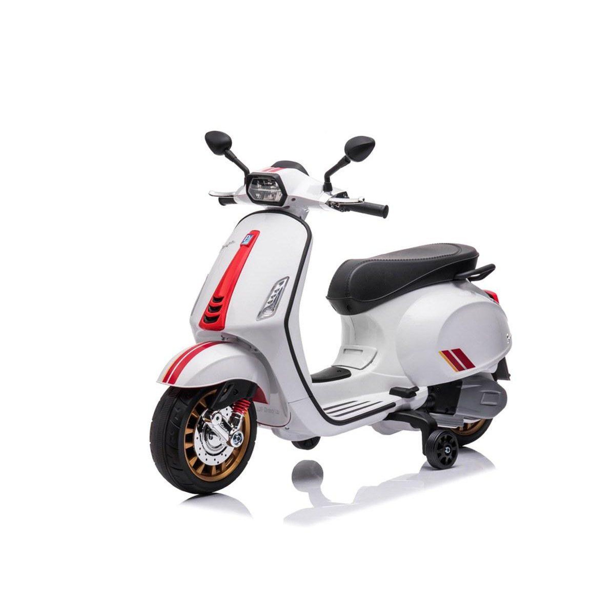 1001JOUETS Vespa Électrique Enfant - 12V, Roulettes Stabilisatrices, Effets Sonores et Lumineux - Blanc