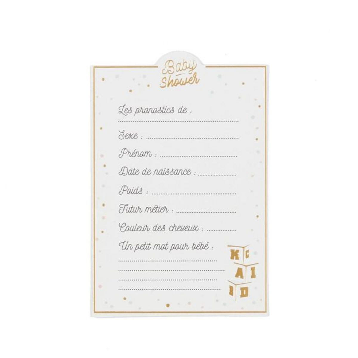 Paris Prix Lot de 10 Cartes de Pronostics  Baby Shower  12cm Blanc