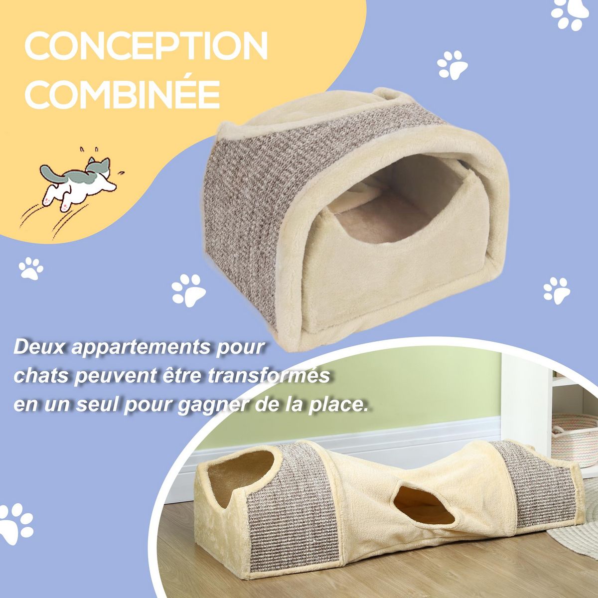 PAWHUT Tunnel pour chat modulable - 3 portes, 2 griffoirs - sisal peluche beige