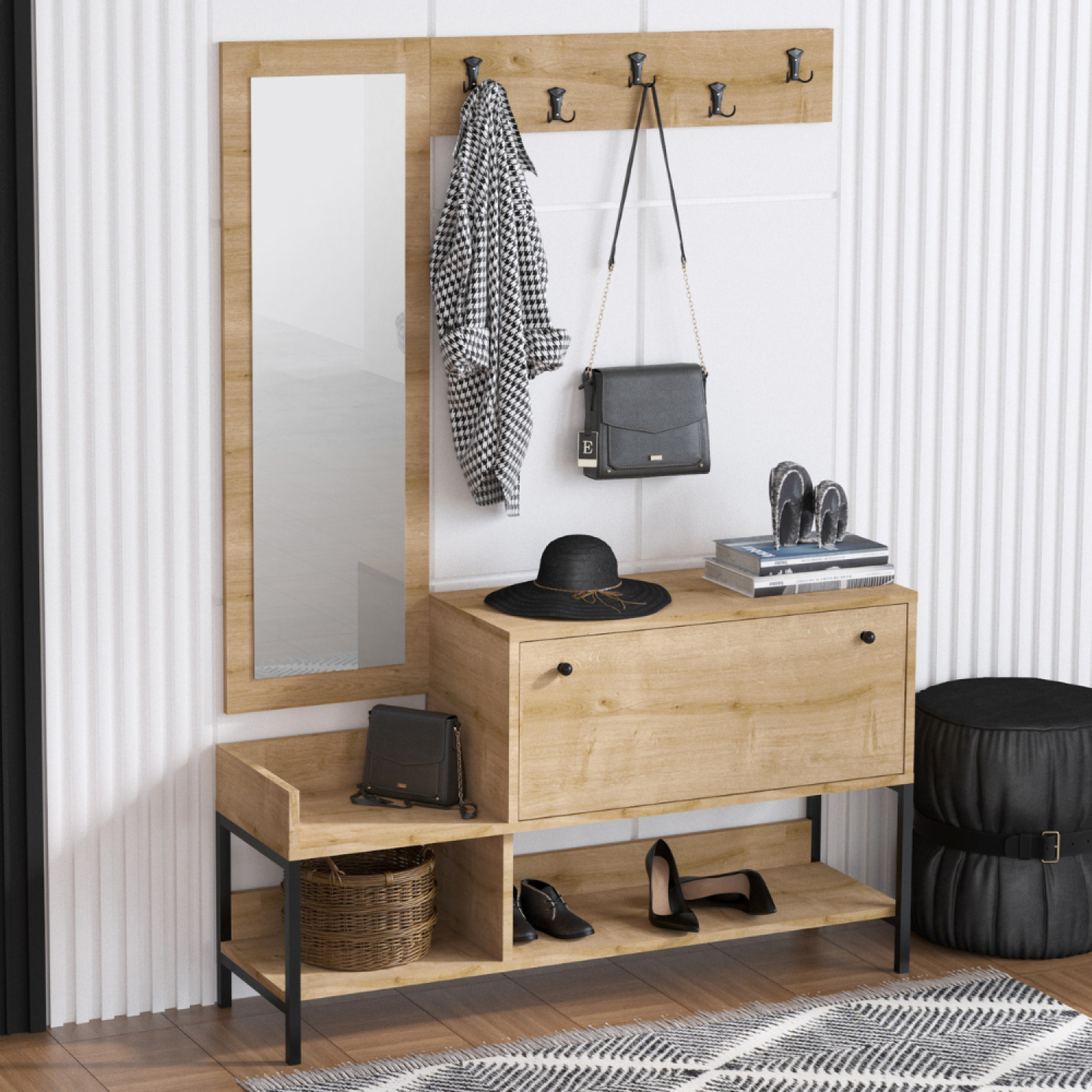 Voir la diapositive 4 : CONCEPT USINE Meuble d'entrée avec porte-manteau et rangement à chaussures DRAGOR