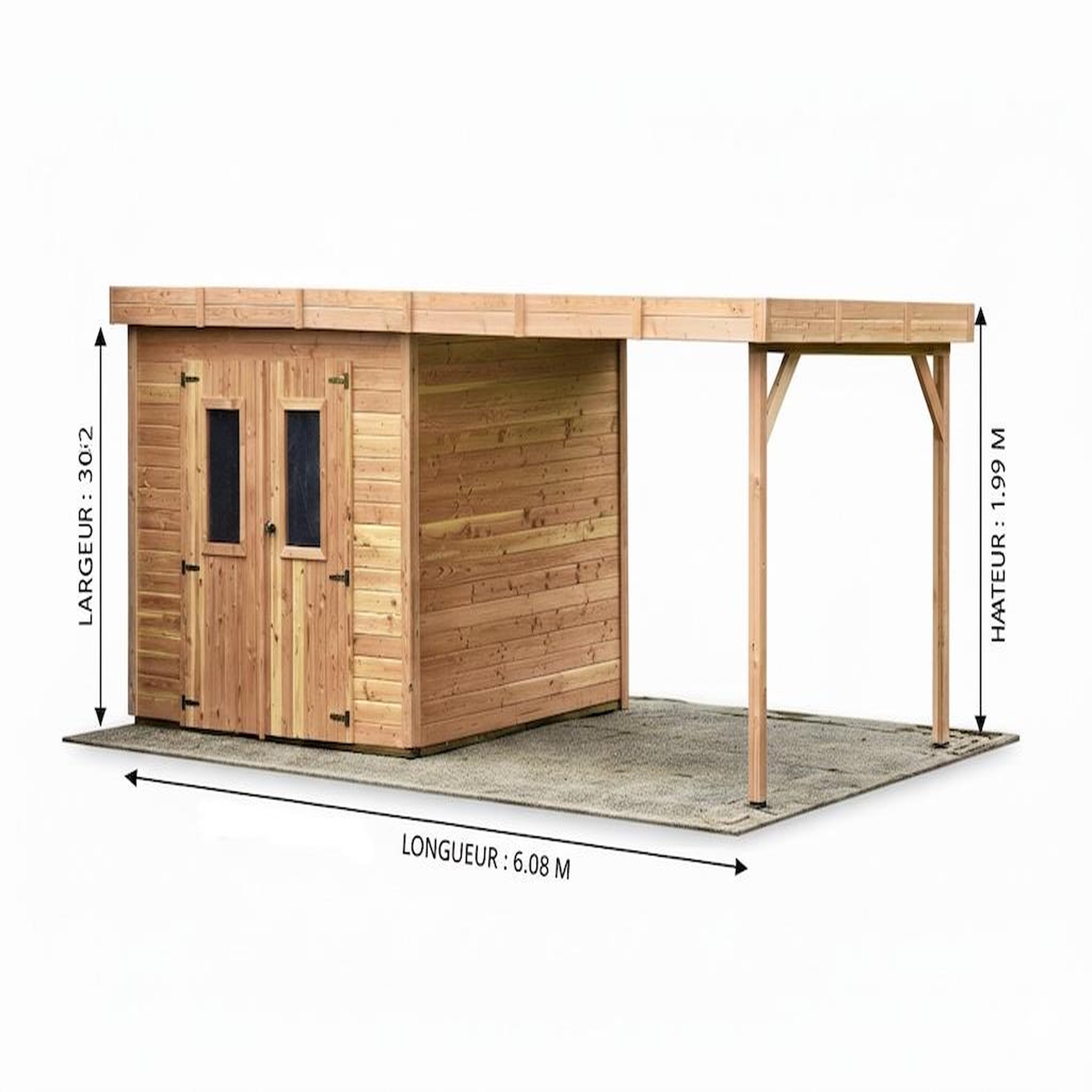 CENTRALE BRICO Abri de jardin bois avec bûcher 7,53 m² - madriers 28 mm - toit plat polycarbonate - double porte vitrée