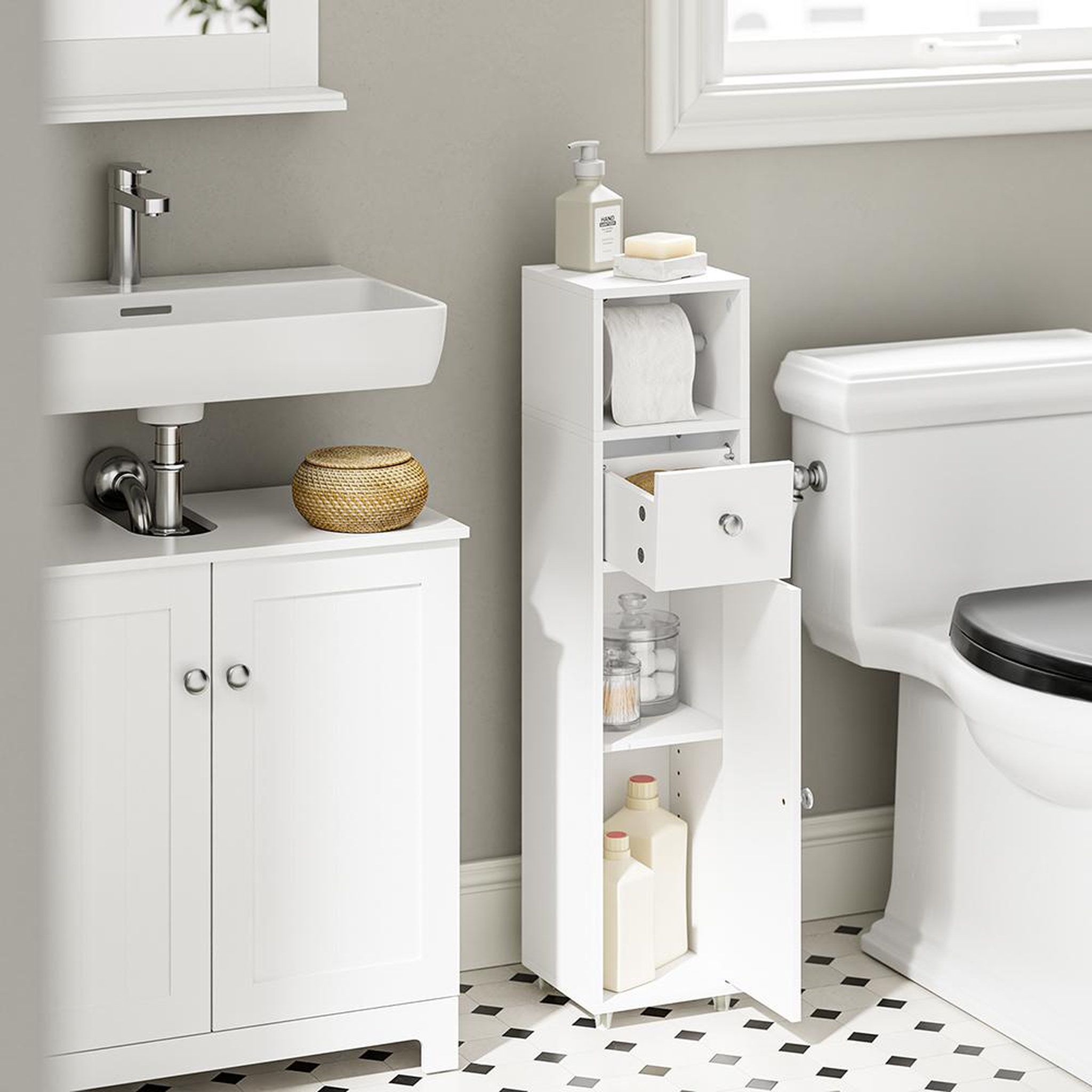 Voir la diapositive 4 : SOBUY Armoire de toilette avec tiroir Blanc 20x20x85cm BZR219-W