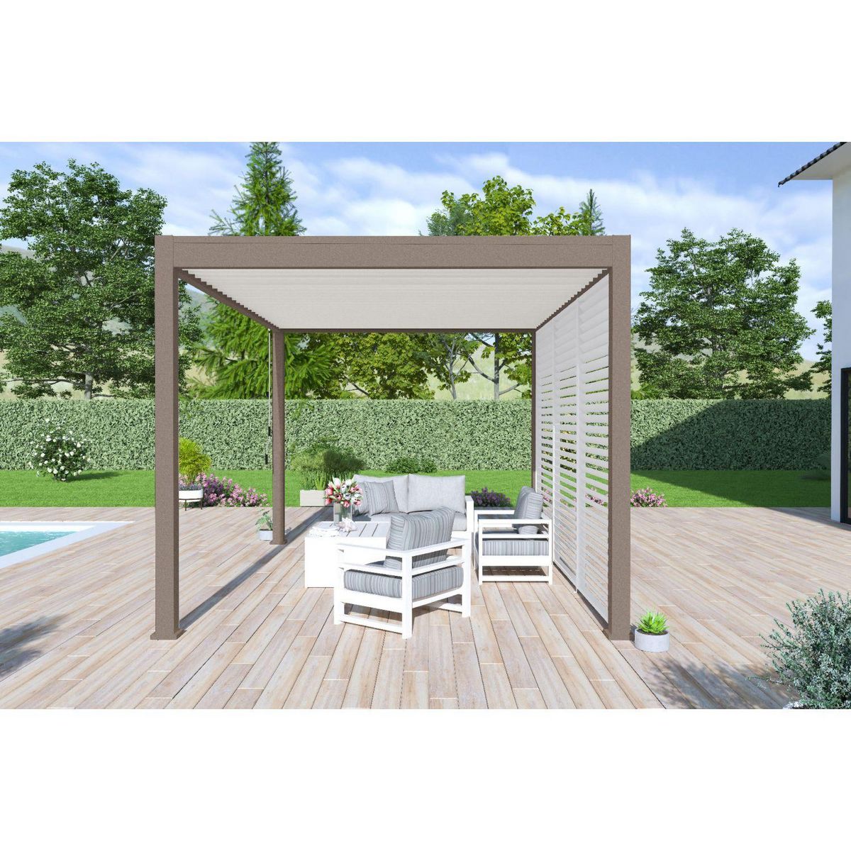 Pergola Bioclimatique autoportée 3x4 m - Aluminium - Taupe/blanc -  VS OmBREA®
