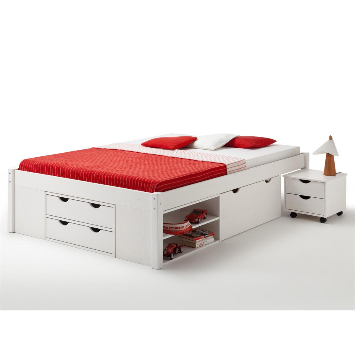 IDIMEX Lit fonctionnel SABRINA lit double pour enfant ou adulte en pin massif blanc, avec 2 tables de chevet et 4 tiroirs de rangements