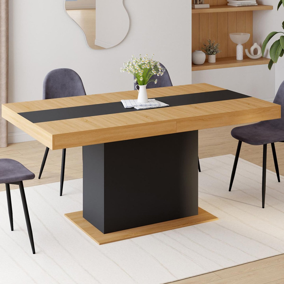 ID MARKET Table à manger extensible rectangle EDEN 6-10 personnes bois et noir bande centrale noire 160-200 cm