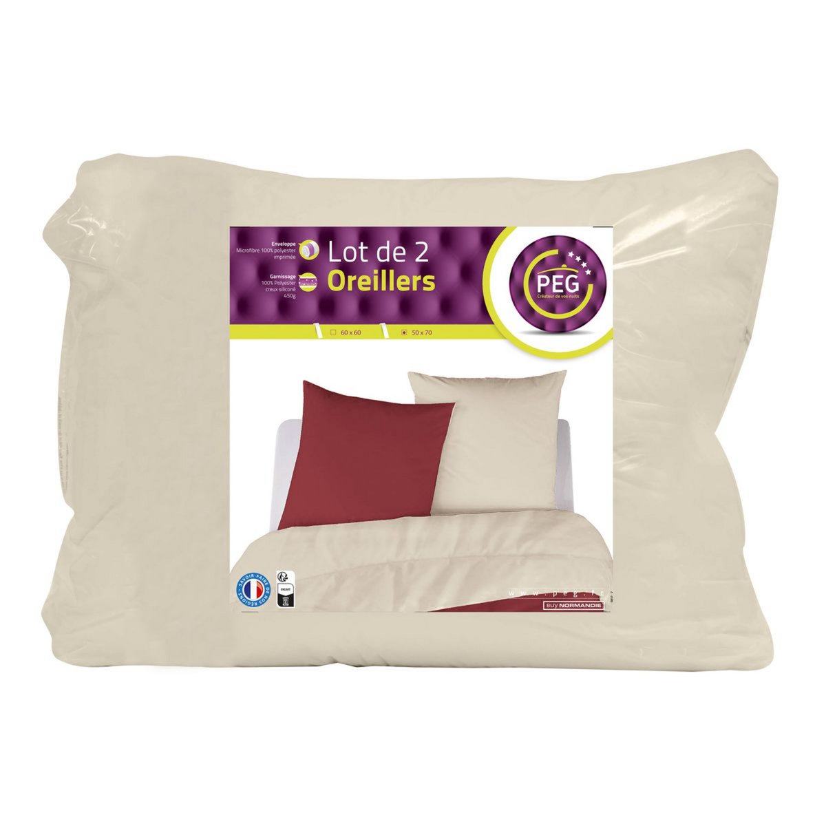 Lot de 2 oreillers unis en microfibre 450 g/m²