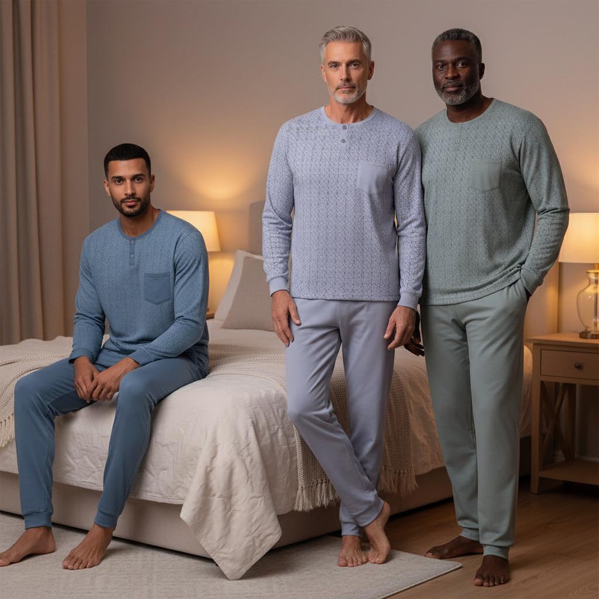 Voir la diapositive 4 : OZABI OZABI Pyjama Homme Long Pack de 3, Coton Doublé Polaire, Col Boutonné