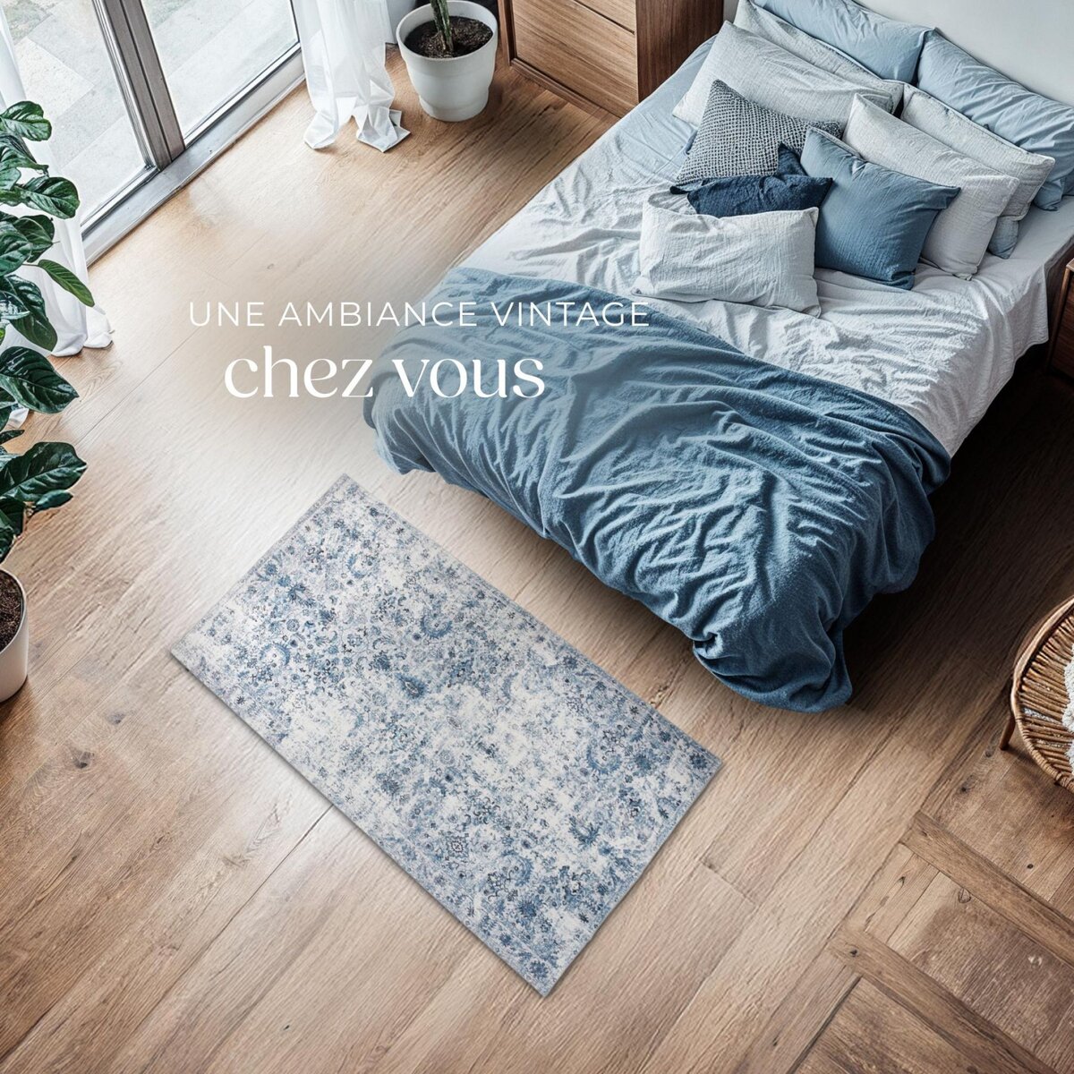 tectake Tapis vintage design à poils courts en laine synthétique et feutre bleu 60 x 110 cm