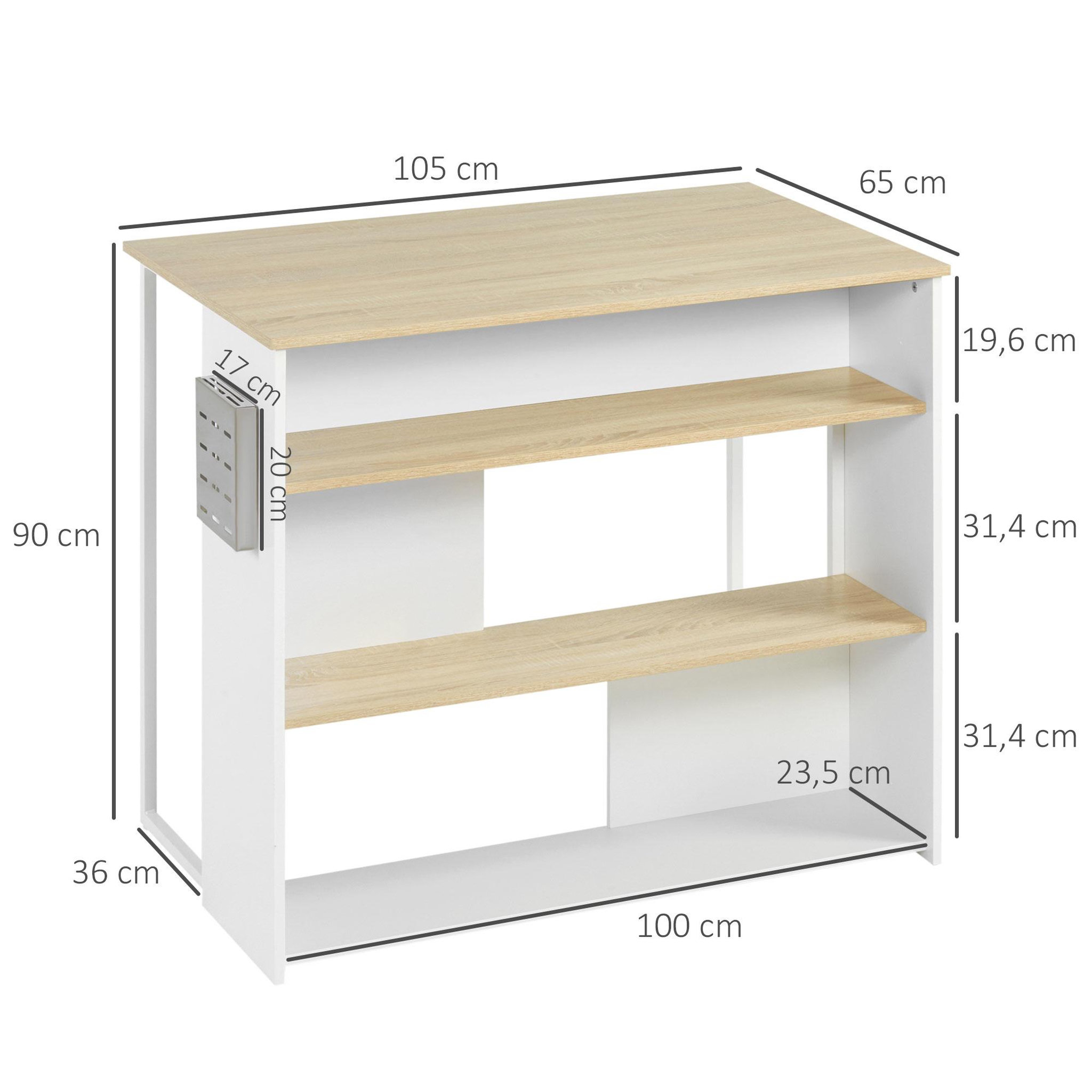 Voir la diapositive 3 : HOMCOM Ilot de cuisine table de bar - 3 étagères, porte-couteaux acier inox. - blanc aspect chêne clair