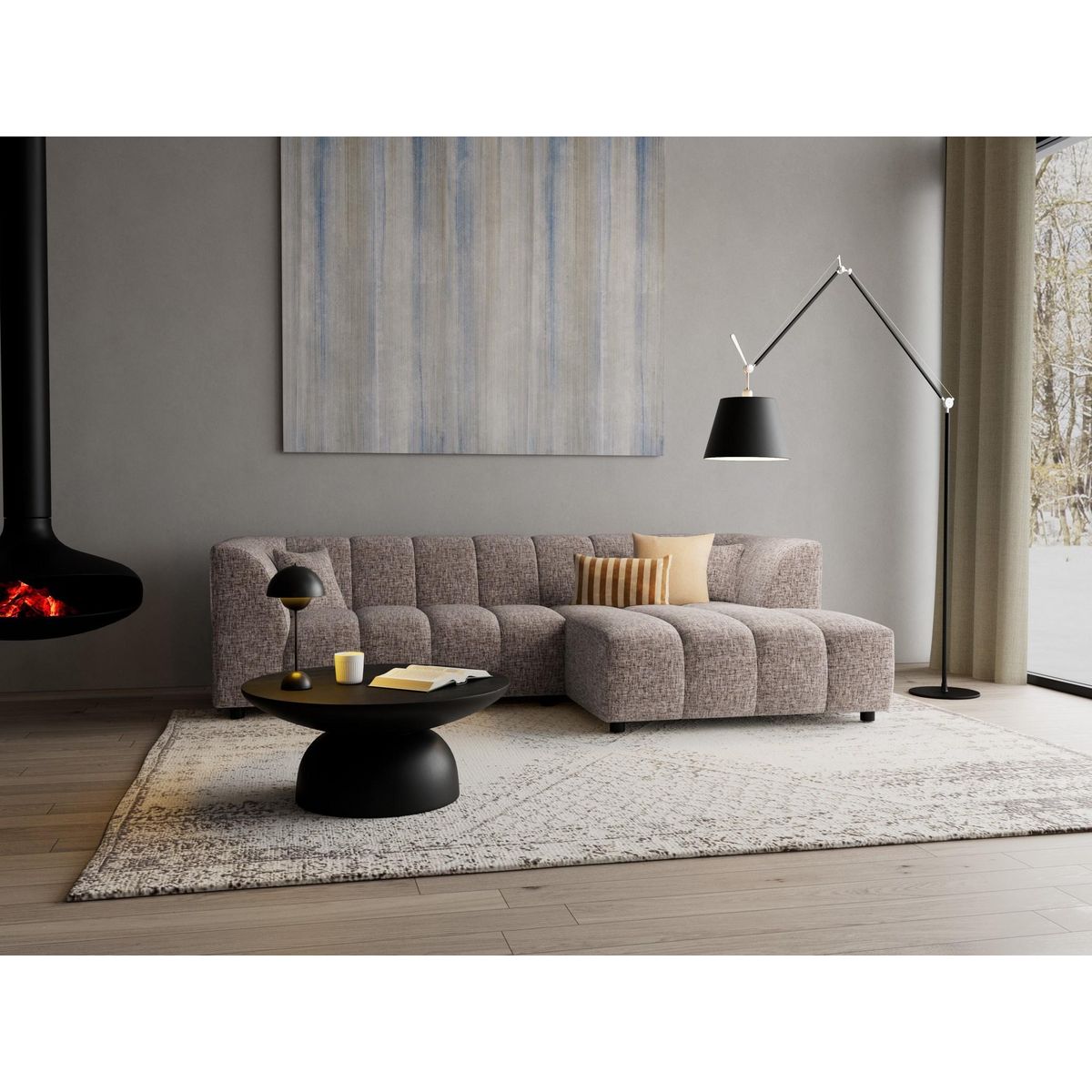 LISA DESIGN Curtis - canapé d'angle droit 4 places avec accoudoir en tissu texturé