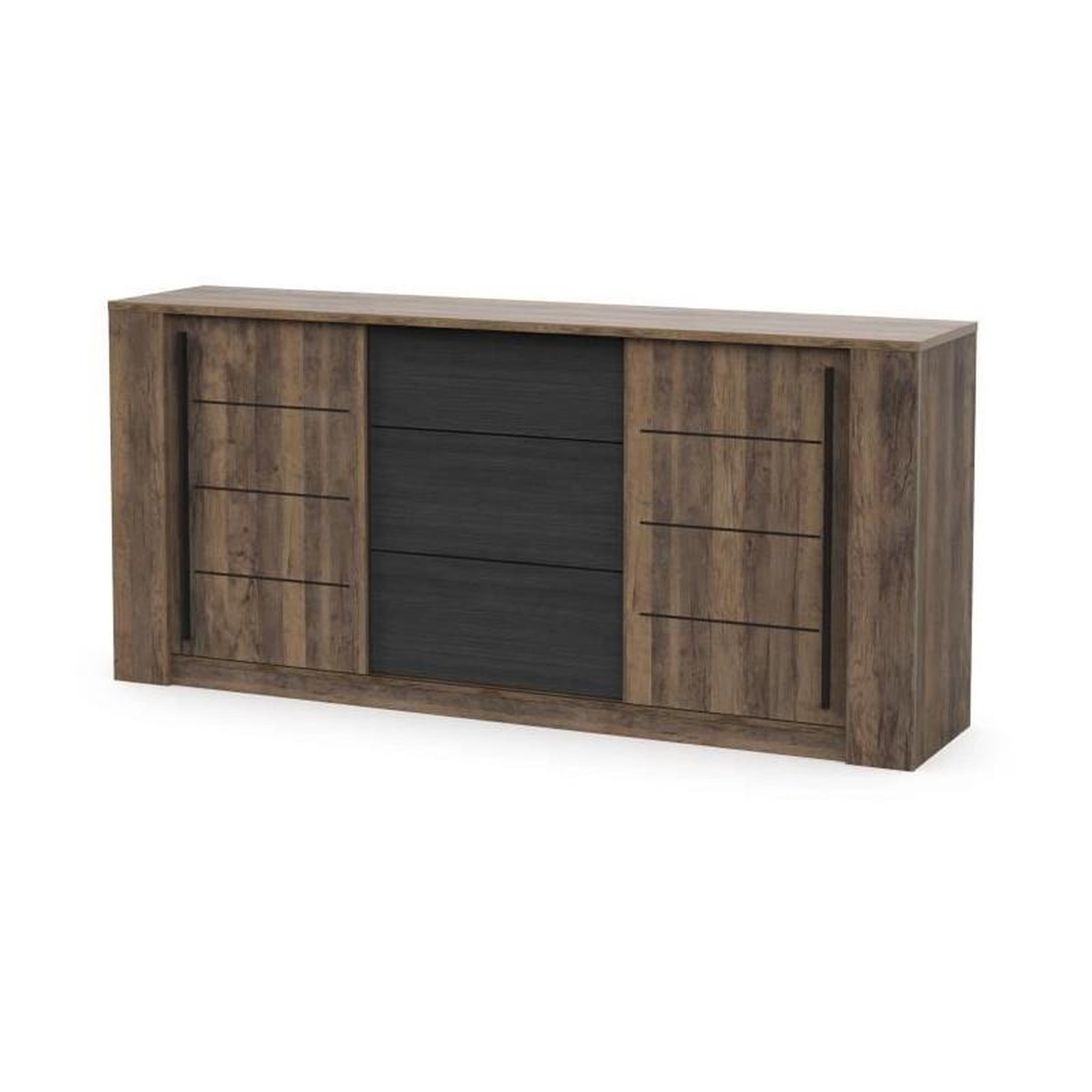 Voir la diapositive 4 : Demeyere Enfilade MONACO - Décor chene et noir - 2 Portes coulissantes + 3 Tiroirs - L206 x P44,9 x H94 cm - CBA MEUBLES
