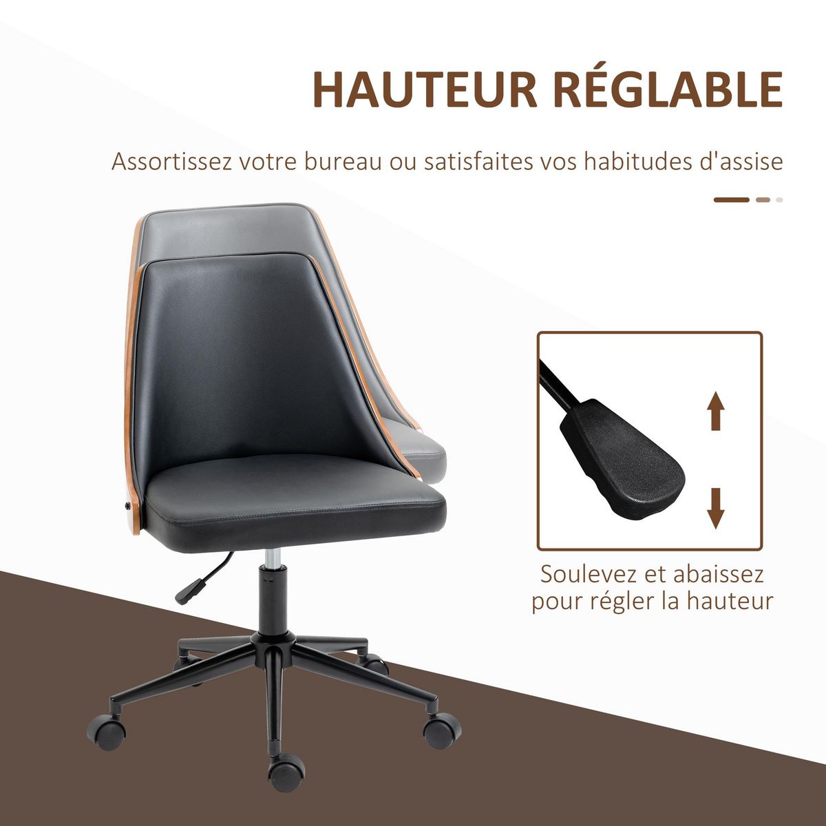 VINSETTO Chaise de bureau manager design vintage pivotante hauteur réglable bois peuplier acier revêtement synthétique noir