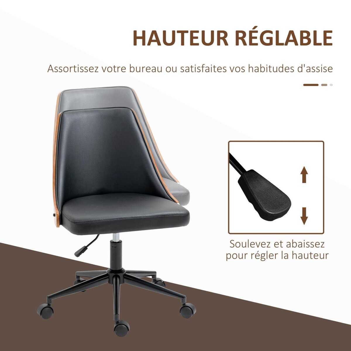 VINSETTO Chaise de bureau manager design vintage pivotante hauteur réglable bois peuplier acier revêtement synthétique noir