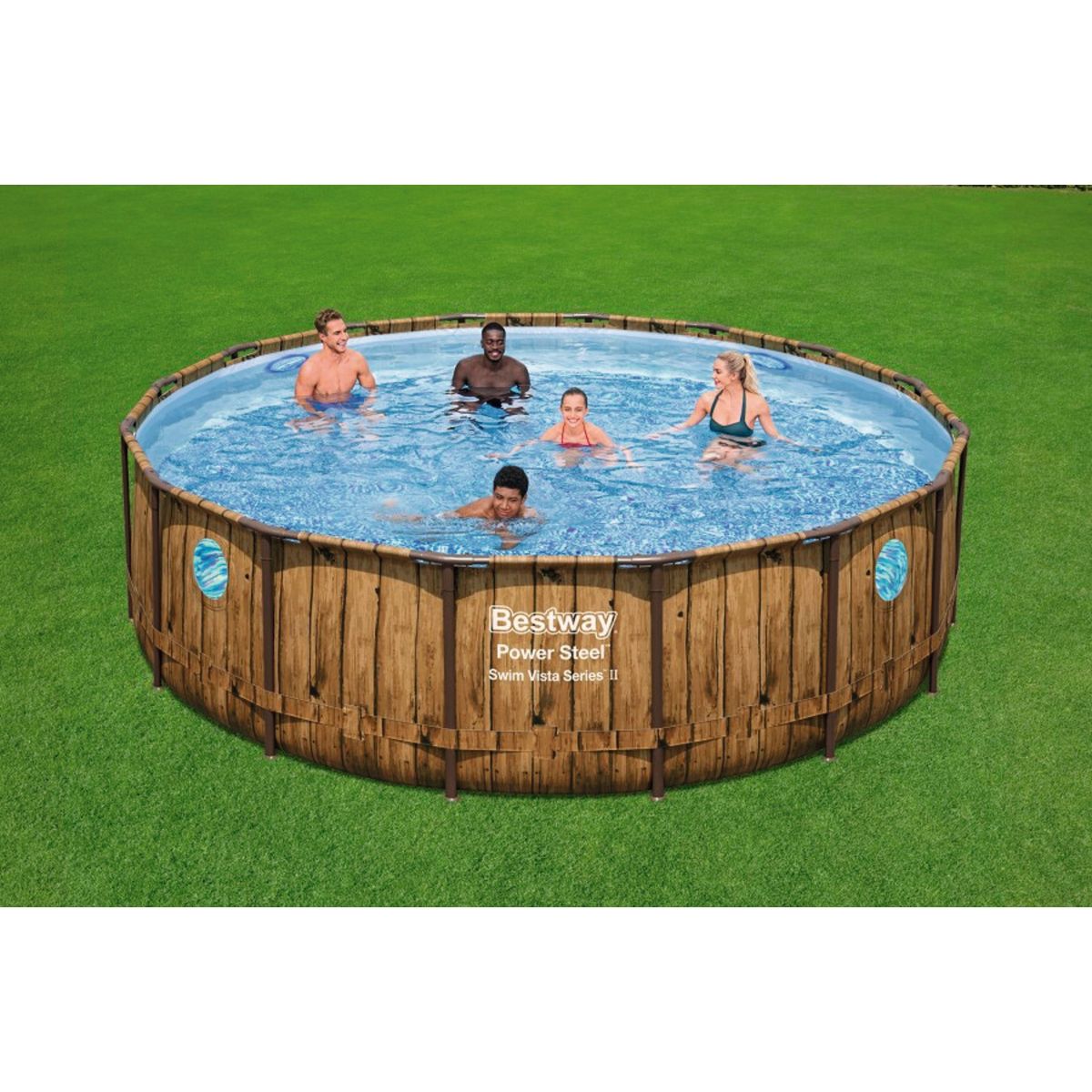 BESTWAY Piscine hors sol ronde Power Steel SwimVista tubulaire motif effet rotin tressé avec hublots 488x122cm  