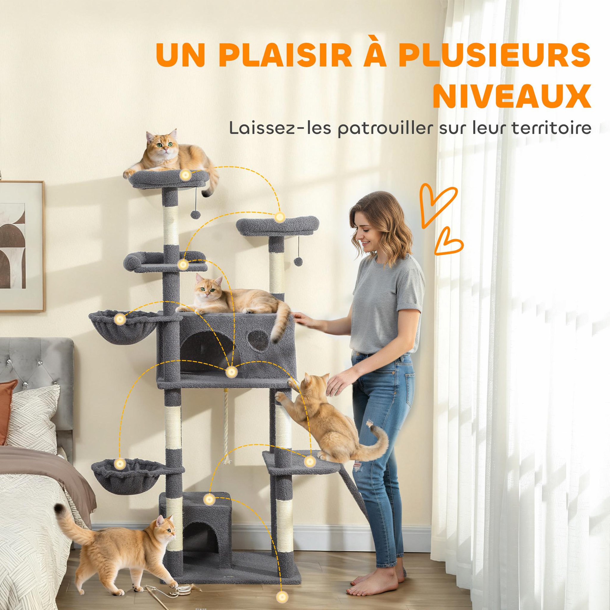 Voir la diapositive 4 : PAWHUT Arbre à chat grande taille h.174cm plateformes hamacs jouets griffoirs grattoirs peluche gris