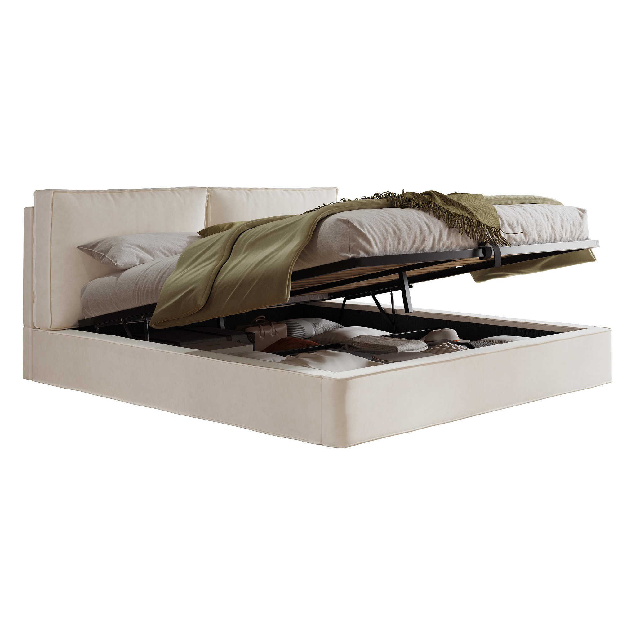 MERAX Lit coffre 180x200 cm avec rangement hydraulique, tête de lit rembourrée velours beige