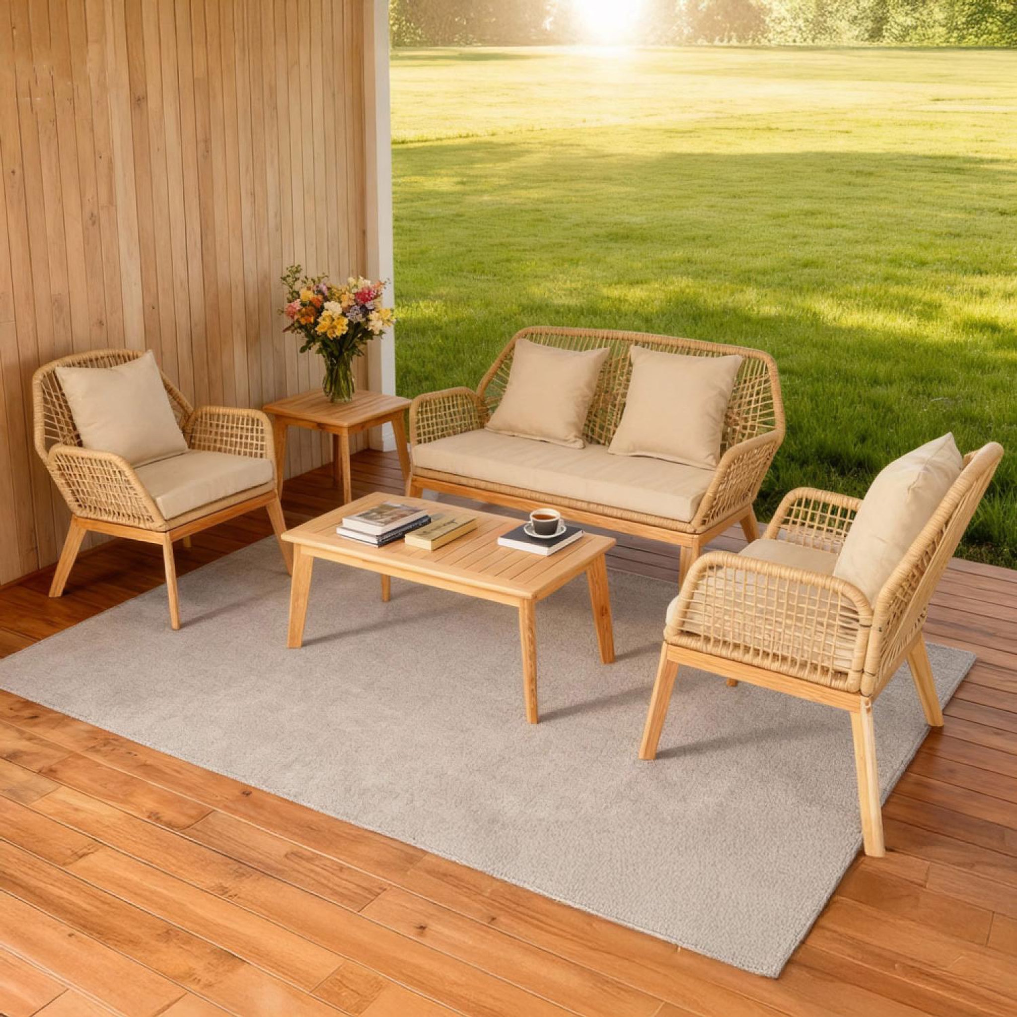 Voir la diapositive 6 : CONCEPT USINE Salon de jardin 4 places en bois avec 2 tables beige et bois rosario