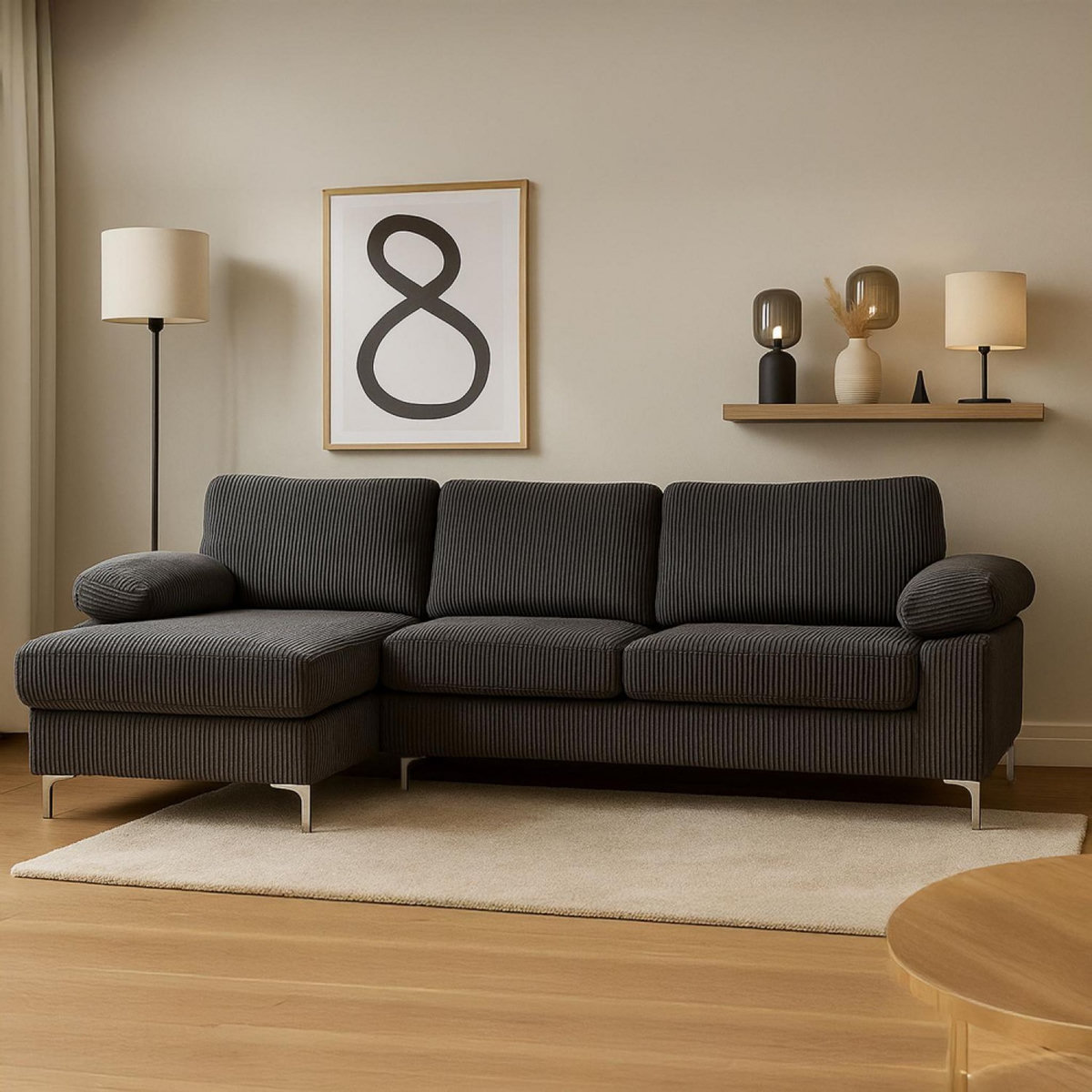 CONCEPT USINE Canapé d'angle 4-5 places méridienne gauche velours côtelé gris anthracite GALWAY