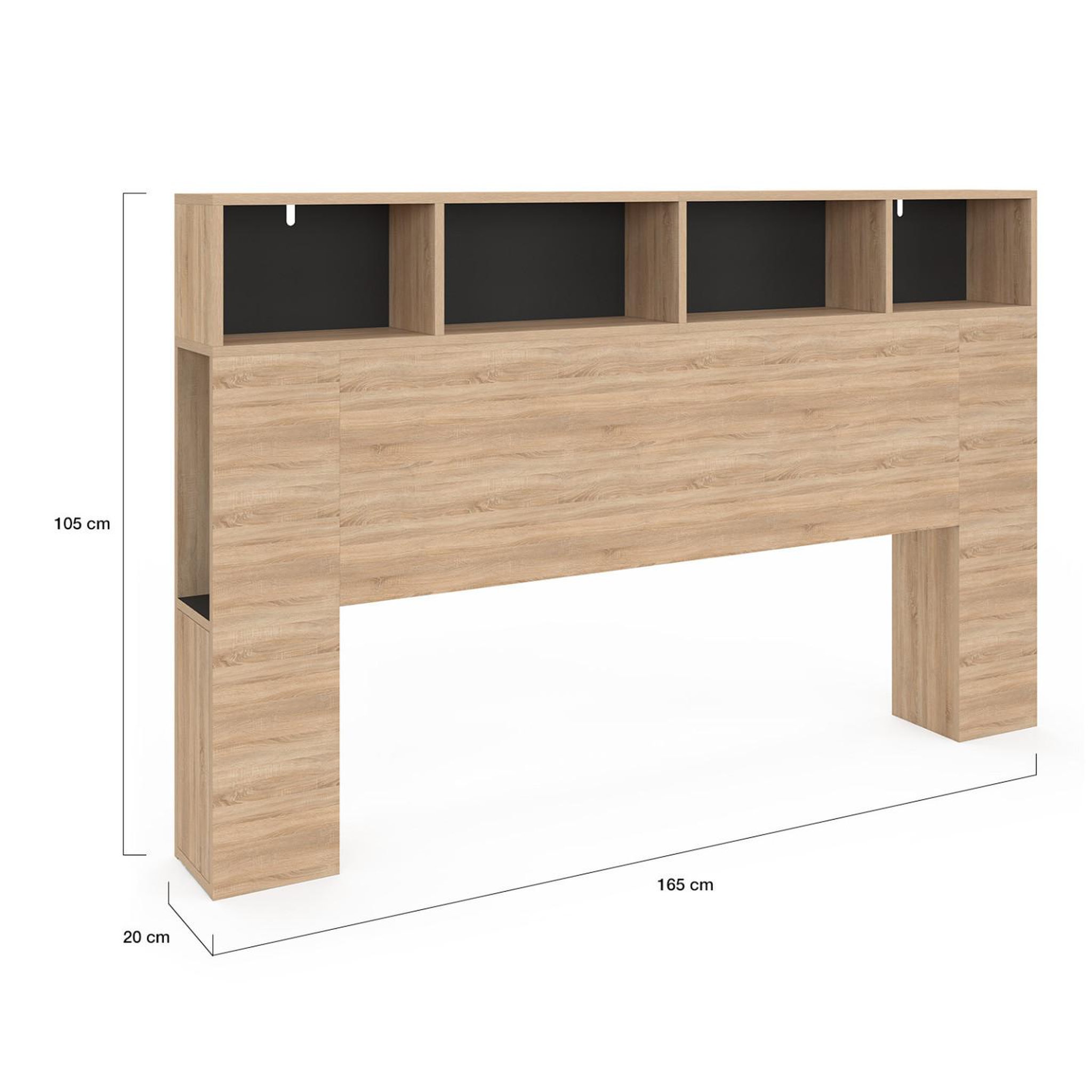 Voir la diapositive 4 : ID MARKET Tête de lit sur pied cleo 165 cm avec rangements fermés et niches façon hêtre et noir