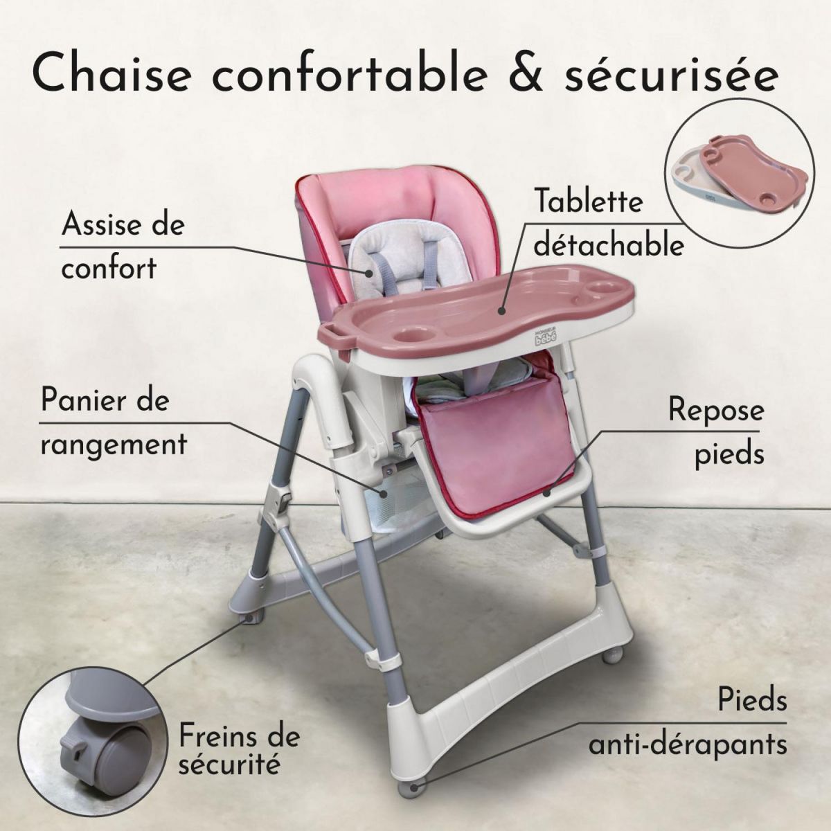 Monsieur Bébé Chaise haute bébé pliable réglable hauteur dossier tablette - Ptit