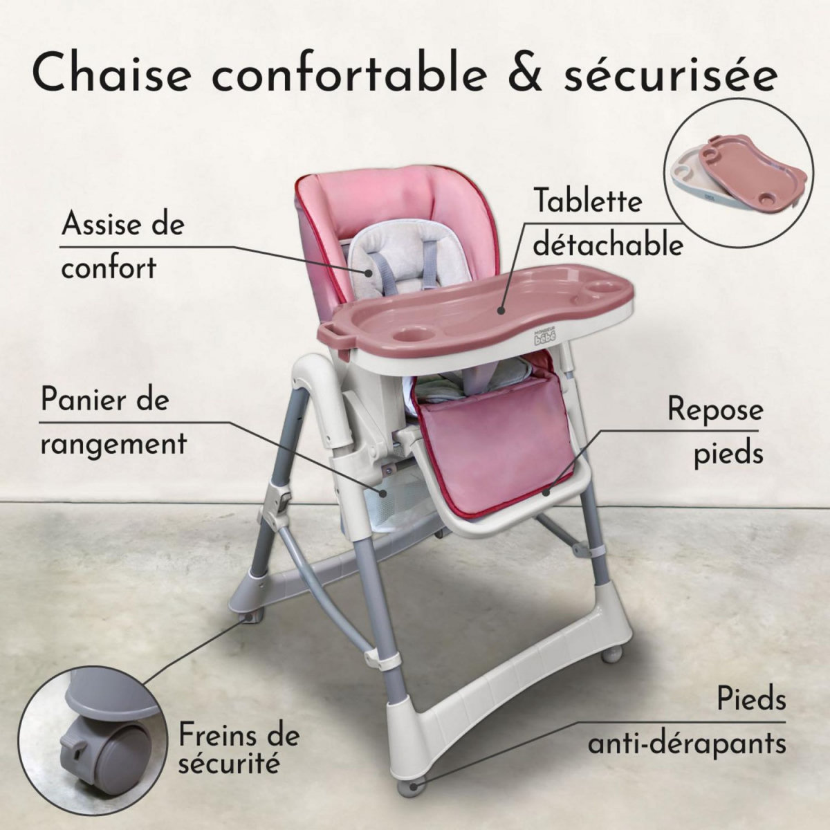 Monsieur Bébé Chaise haute bébé pliable réglable hauteur dossier tablette - Ptit