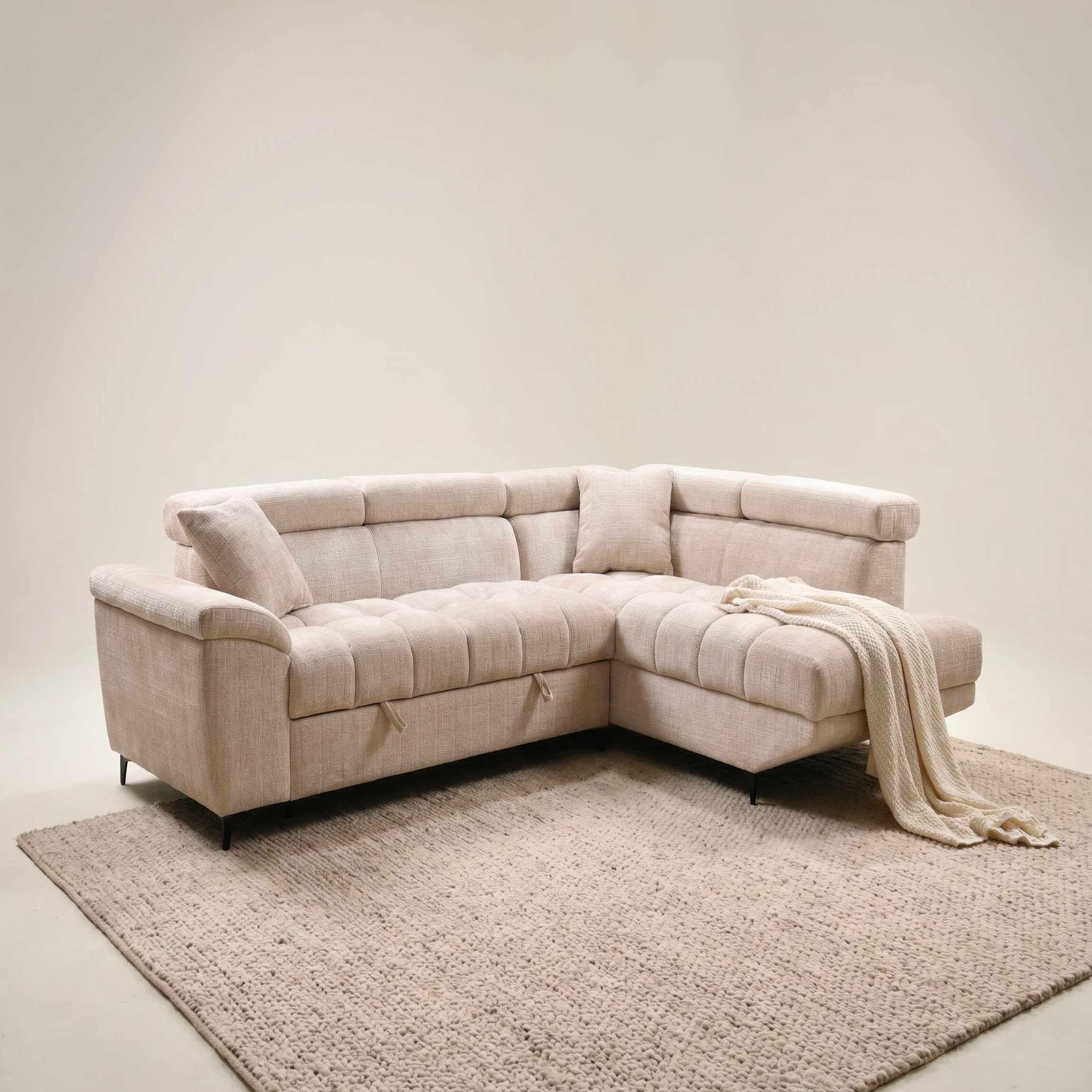 Voir la diapositive 2 : BEST MOBILIER Camille - canapé d'angle droit 5 places convertible avec têtières et coffre en velours texturé