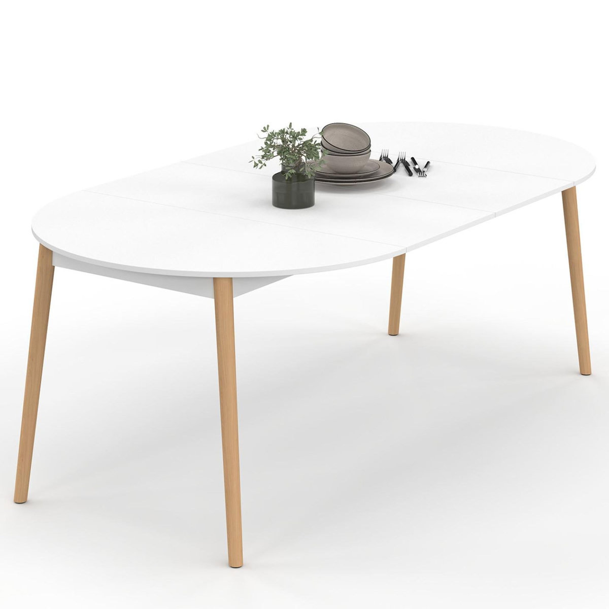 ID MARKET Table à manger extensible ronde ANGELA 4-10 personnes blanc pied bois 110 - 200 cm