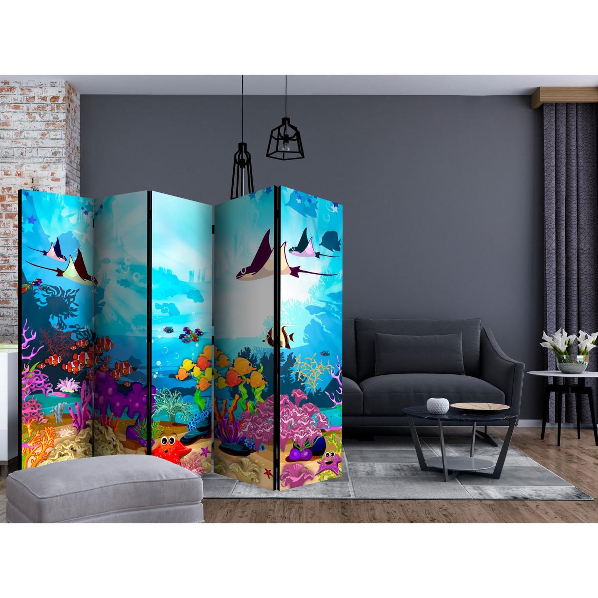 Voir la diapositive 2 : Paris Prix Paravent 5 volets  colourful fish  172x225cm