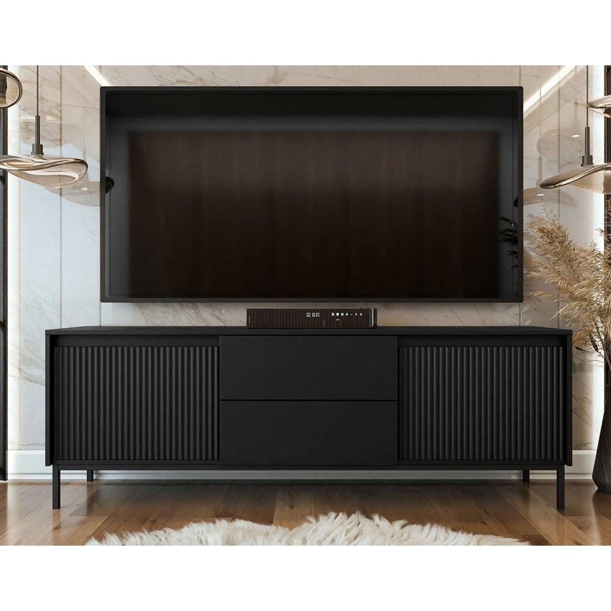 BEST MOBILIER Girona - meuble tv - noir - 2 portes et 2 tiroirs - 174 cm