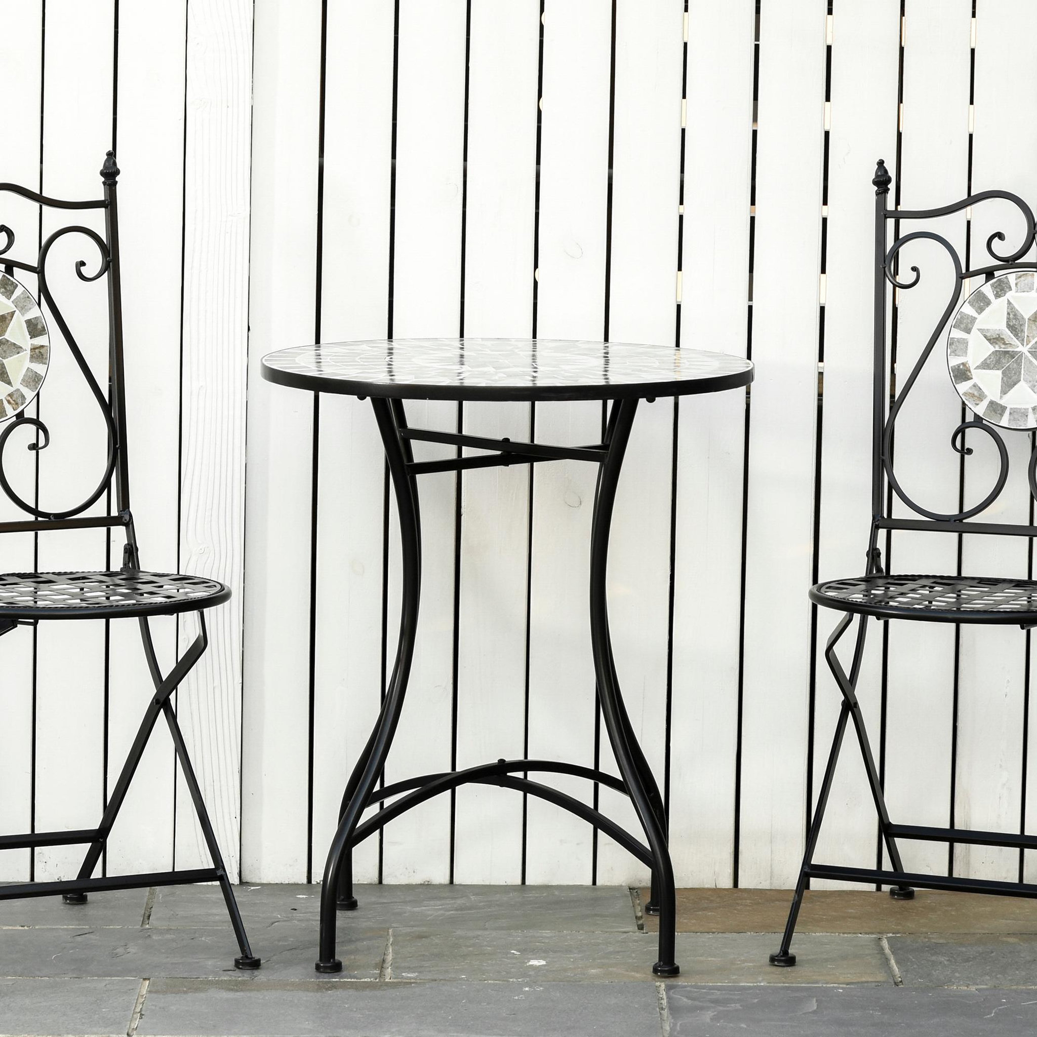 Voir la diapositive 2 : OUTSUNNY Table ronde style fer forgé bistro plateau mosaïque motif rose des vents métal époxy anticorrosion noir céramique