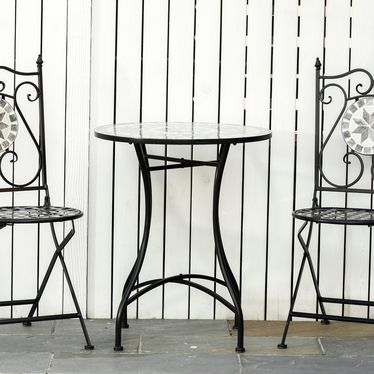 OUTSUNNY Table ronde style fer forgé bistro plateau mosaïque motif rose des vents métal époxy anticorrosion noir céramique