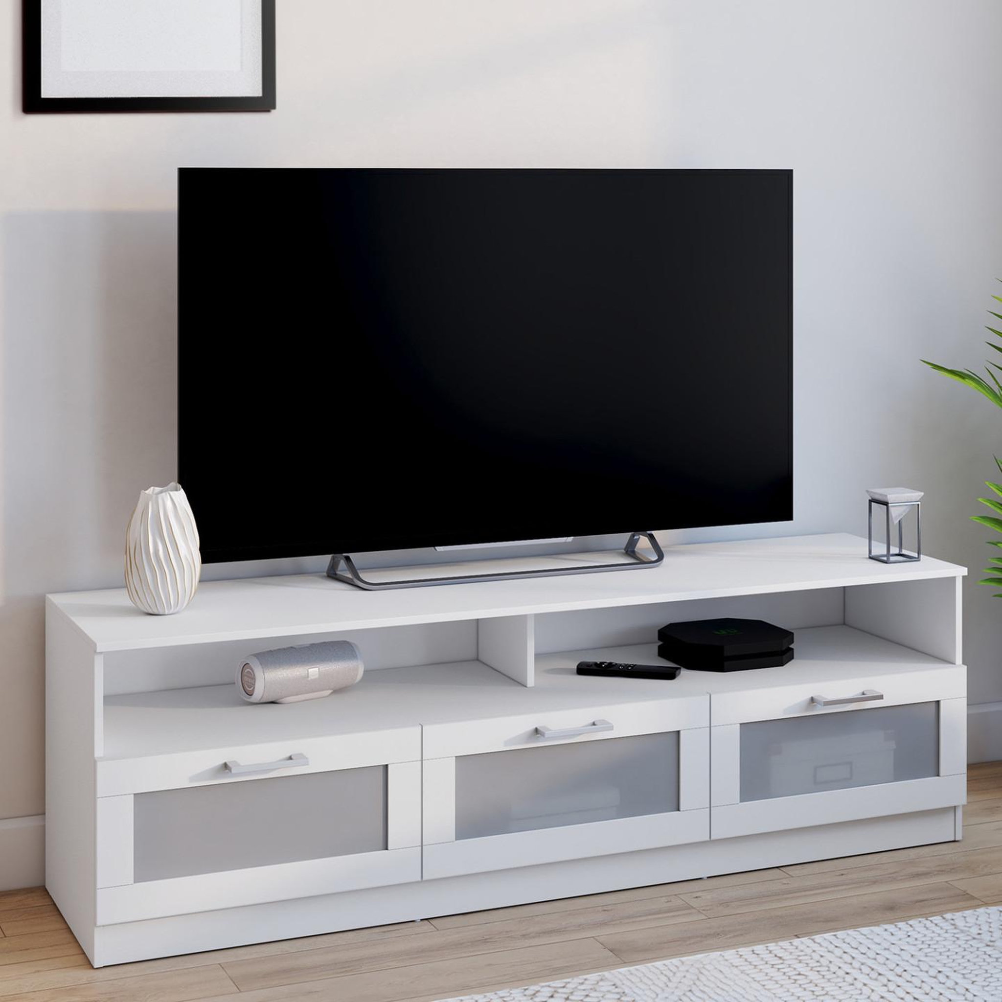 Voir la diapositive 2 : ID MARKET Meuble tv 140 cm vito portes givrées blanc