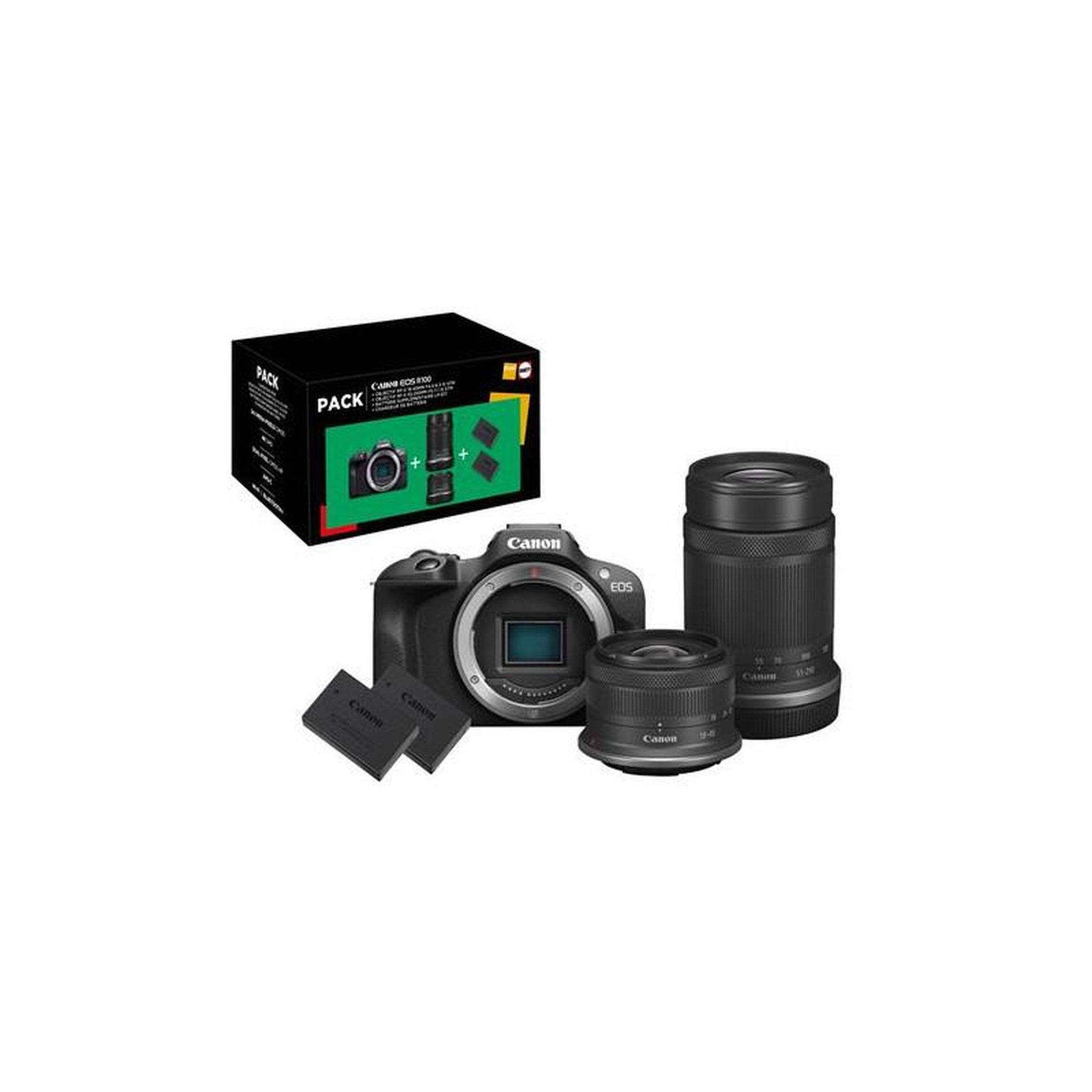 Canon Pack Appareil photo hybride Canon EOS R100 Noir + Objectif RF S 18 45mm f 4.5 6.3 IS STM + Objectif RF S 55 210 mm f 5 7.1 IS S