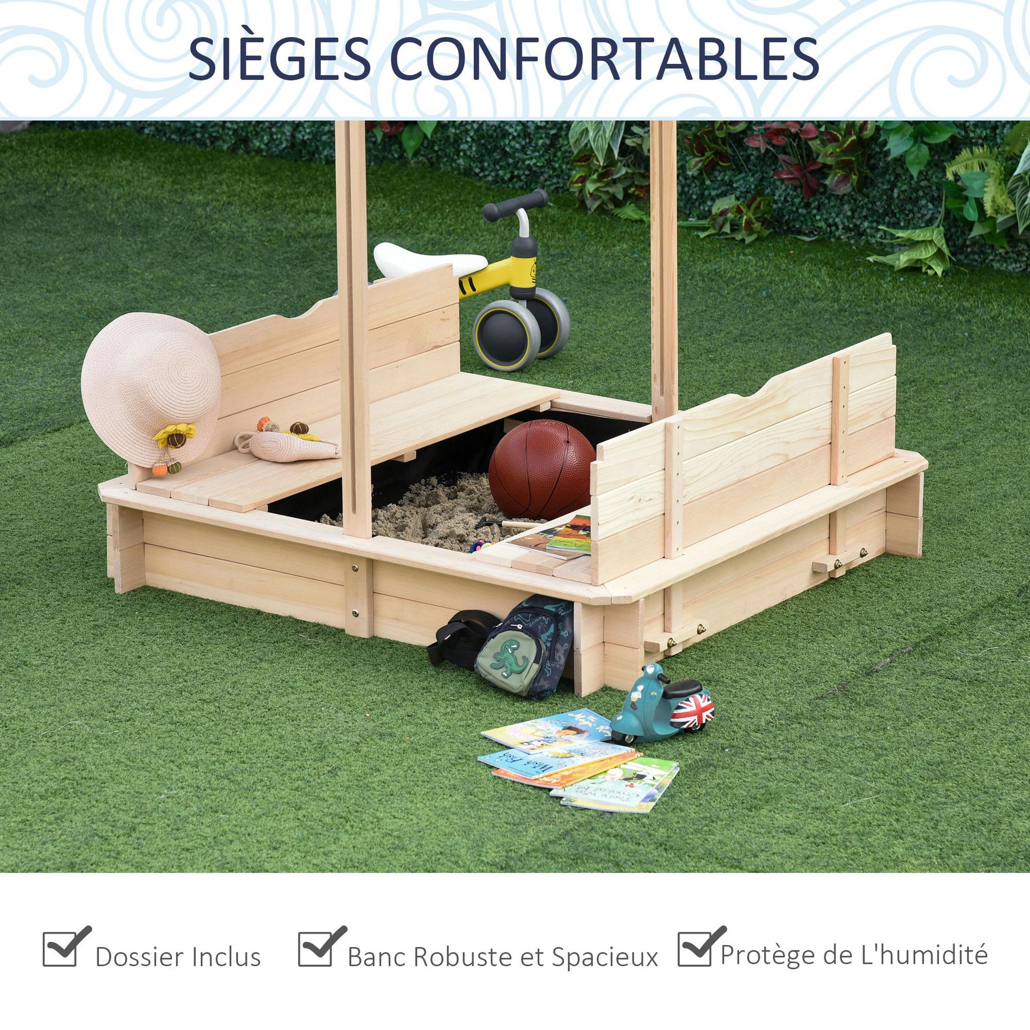 Voir la diapositive 6 : OUTSUNNY Bac à sable carré en bois pour enfant dim. 106L x 106l cm avec bancs et couvercle - auvent réglable