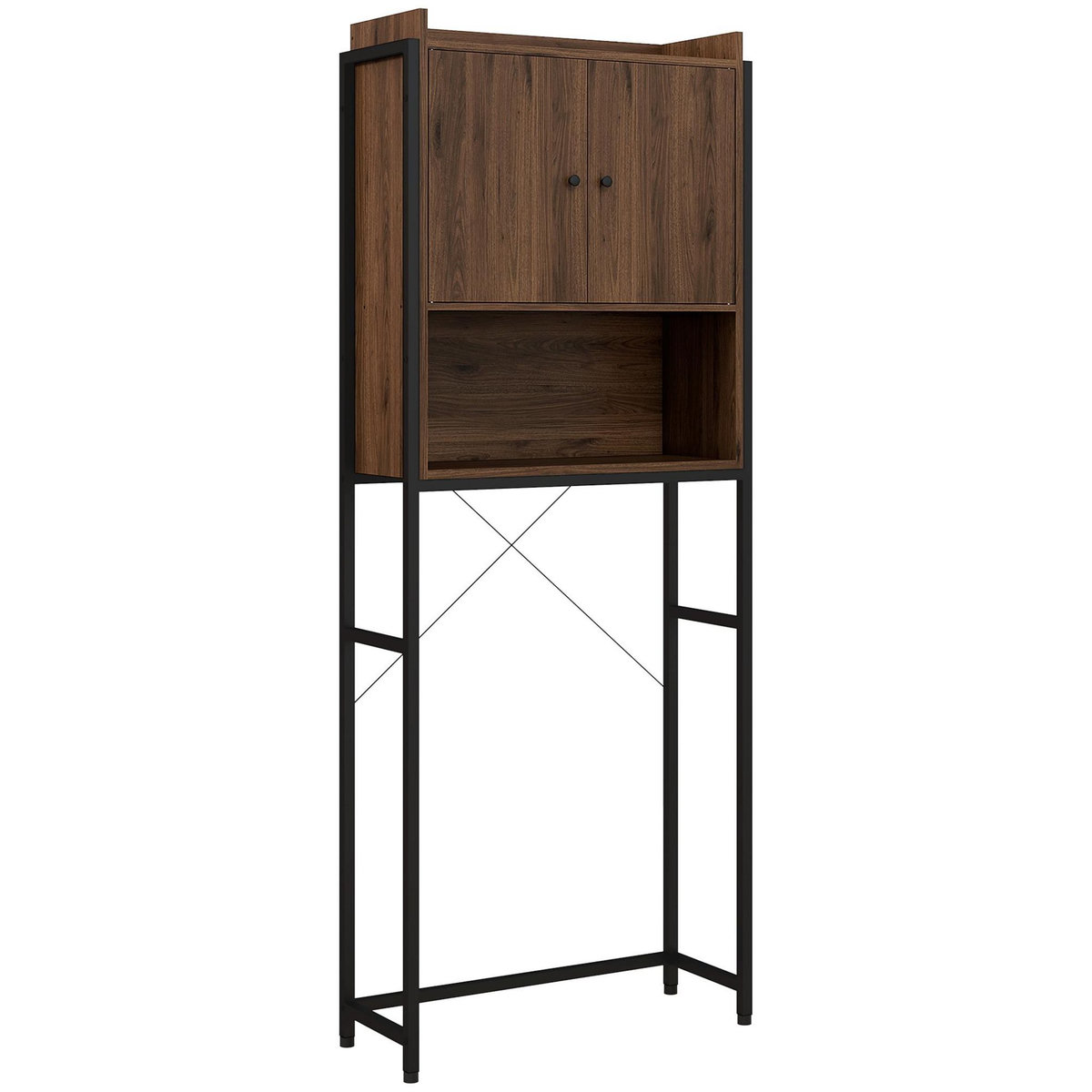 KLEANKIN Meuble WC meuble dessus toilettes style industriel 2 portes avec étagère niche acier noir aspect noyer