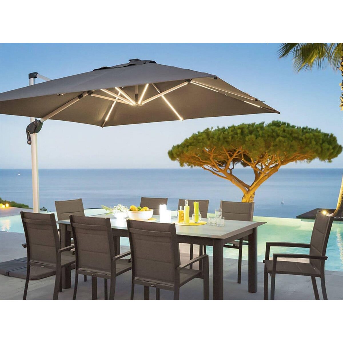 HESPERIDE Parasol déporté droit carré Equador Ardoise avec LED 3 x 3 m - Hespéride