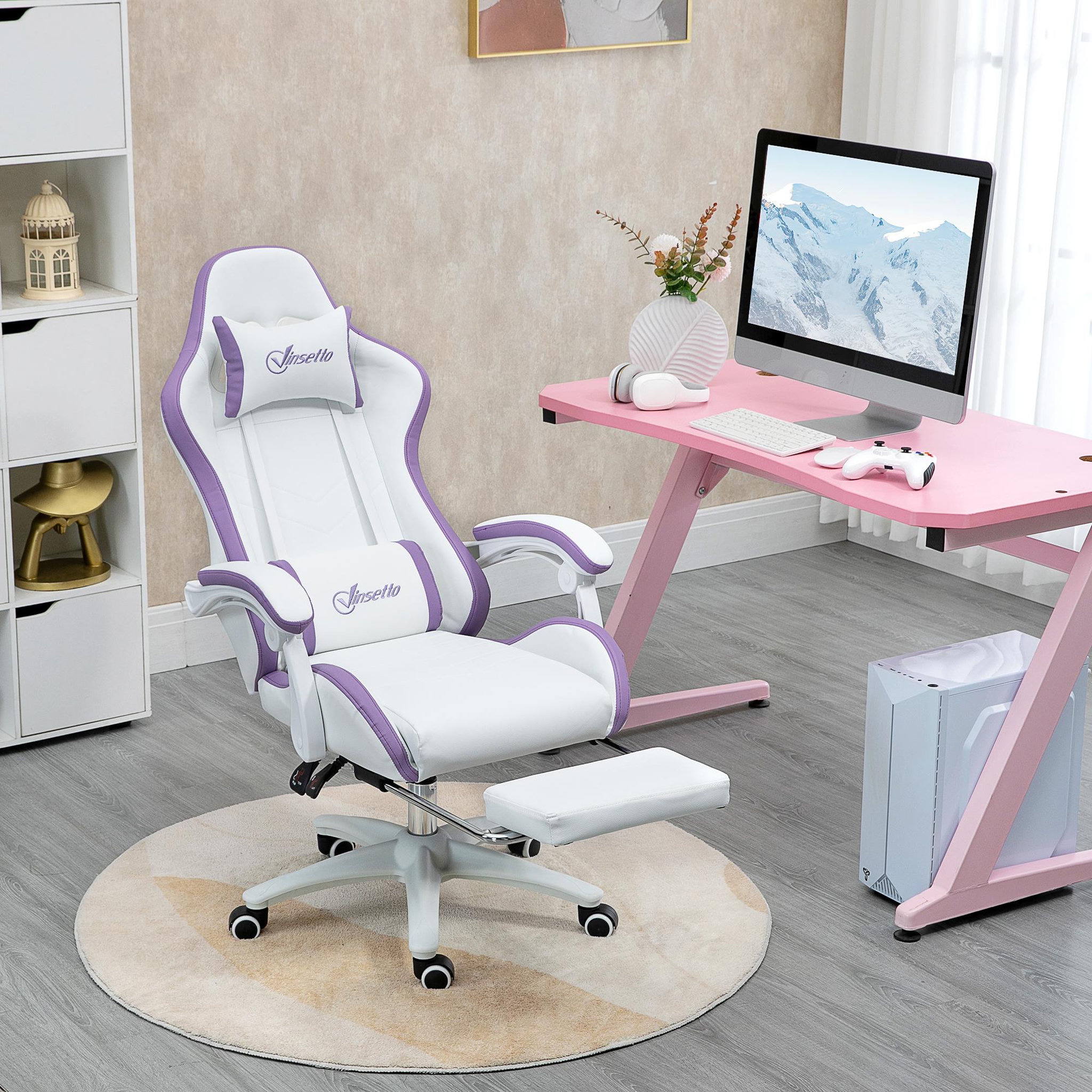 Voir la diapositive 4 : VINSETTO Chaise de bureau gaming - inclinable, pivotant, réglable - coussins lombaires têtière inclus - mauve blanc
